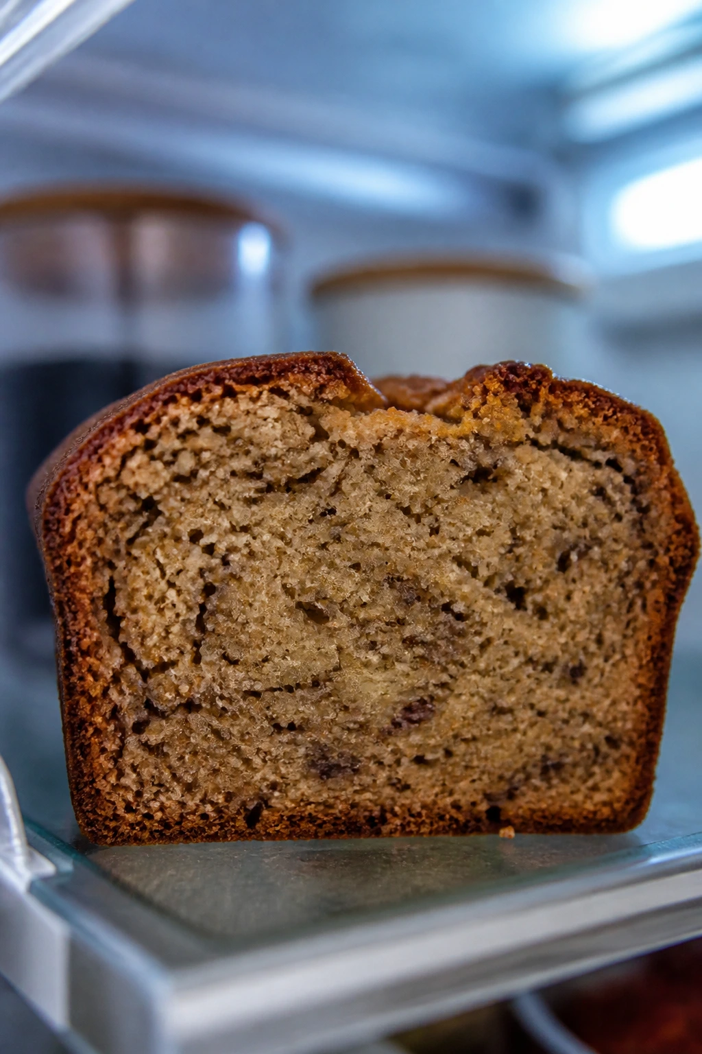 Close-up of a thick banana bread slice inside a fridge filling the frame