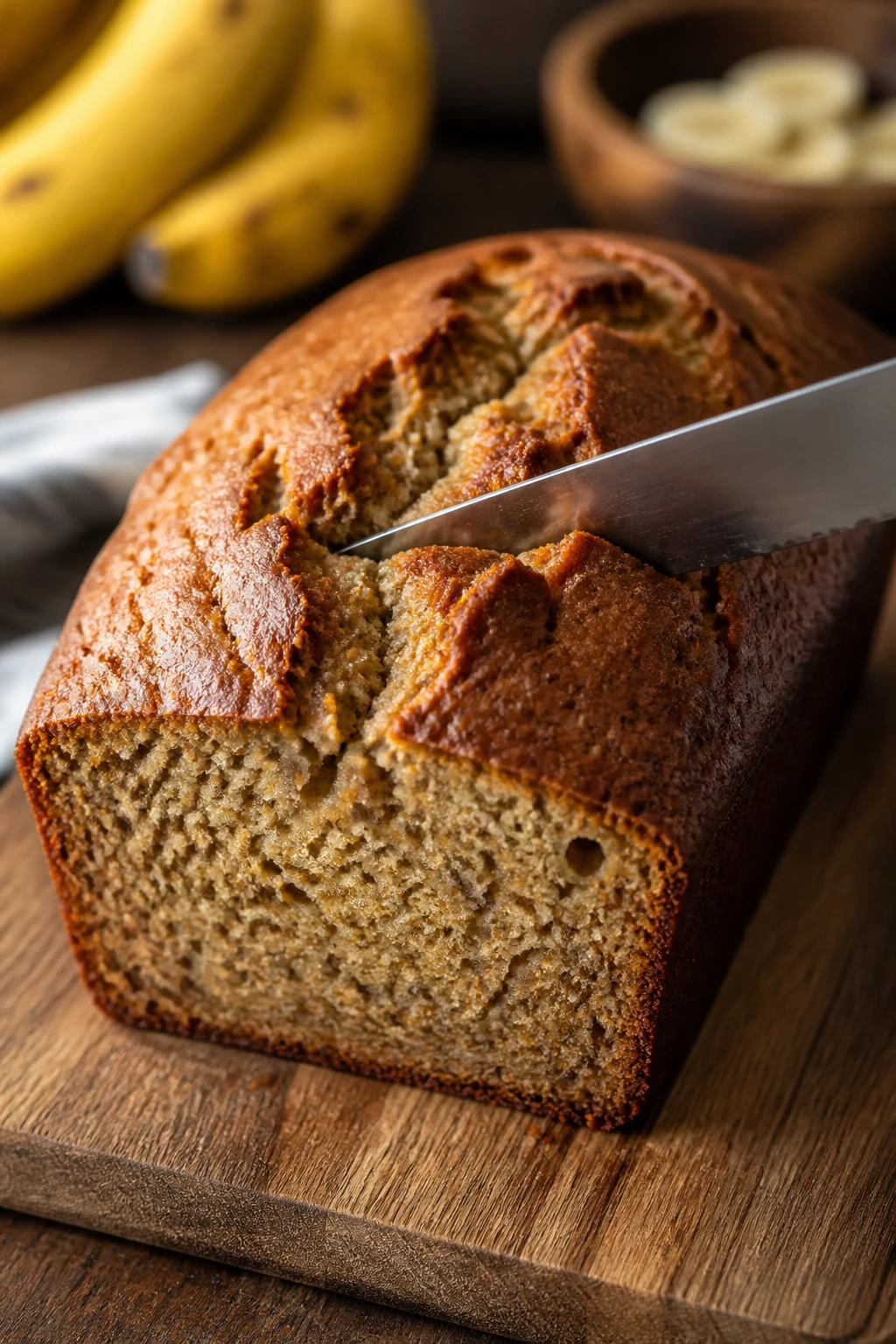 Close-up of a golden banana bread loaf being sliced to reveal moist crumb in a warm kitchen