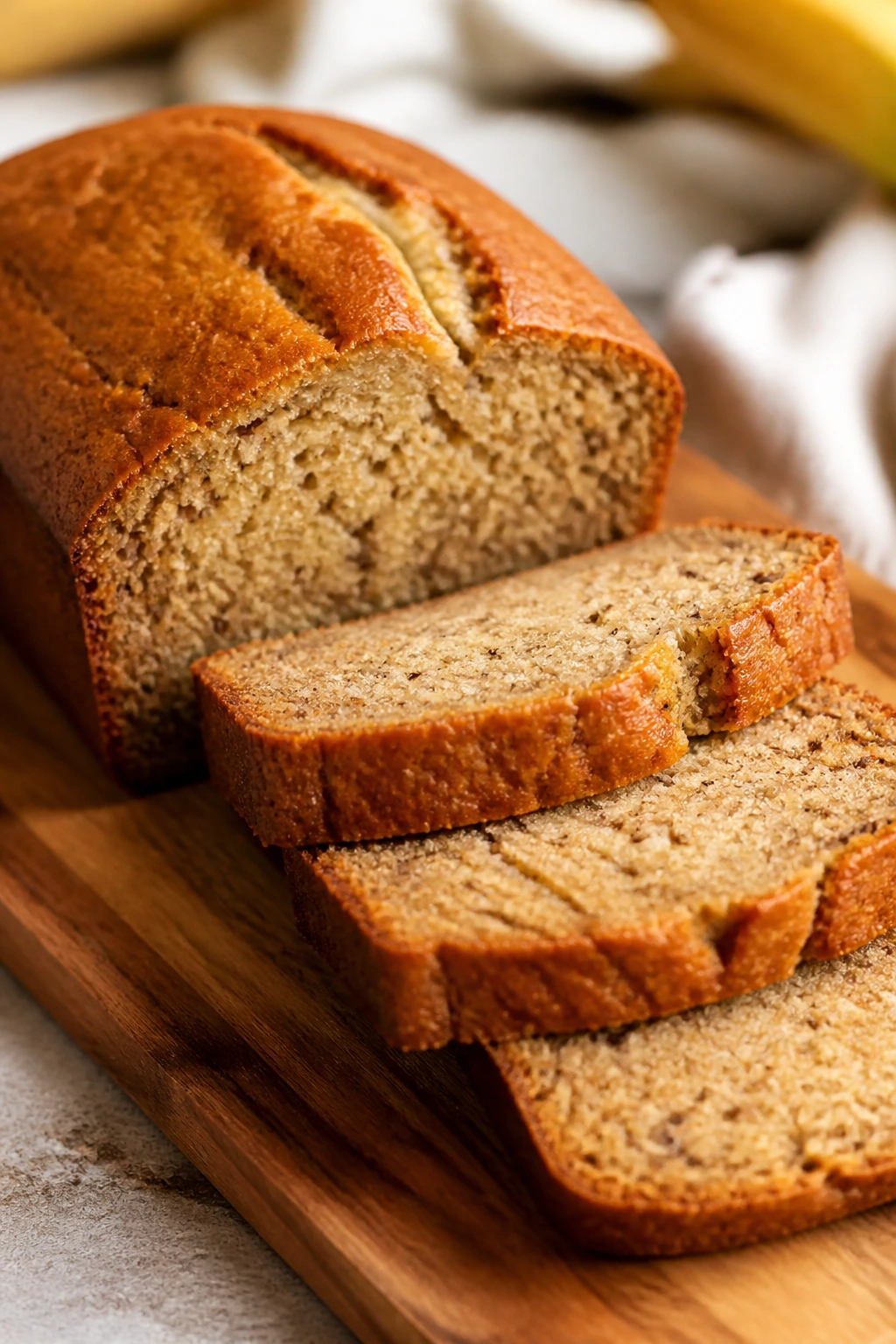 Is Banana Bread Good For You? 7 Health Benefits Of Banana Bread 2 Moist banana bread slices fanned on a wooden board in warm kitchen light