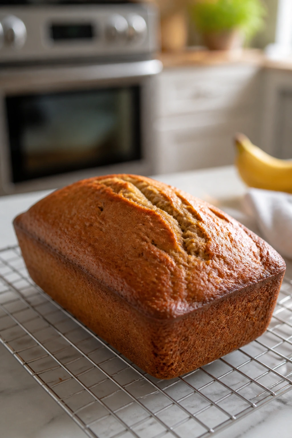 Banana bread cooling with oven in background