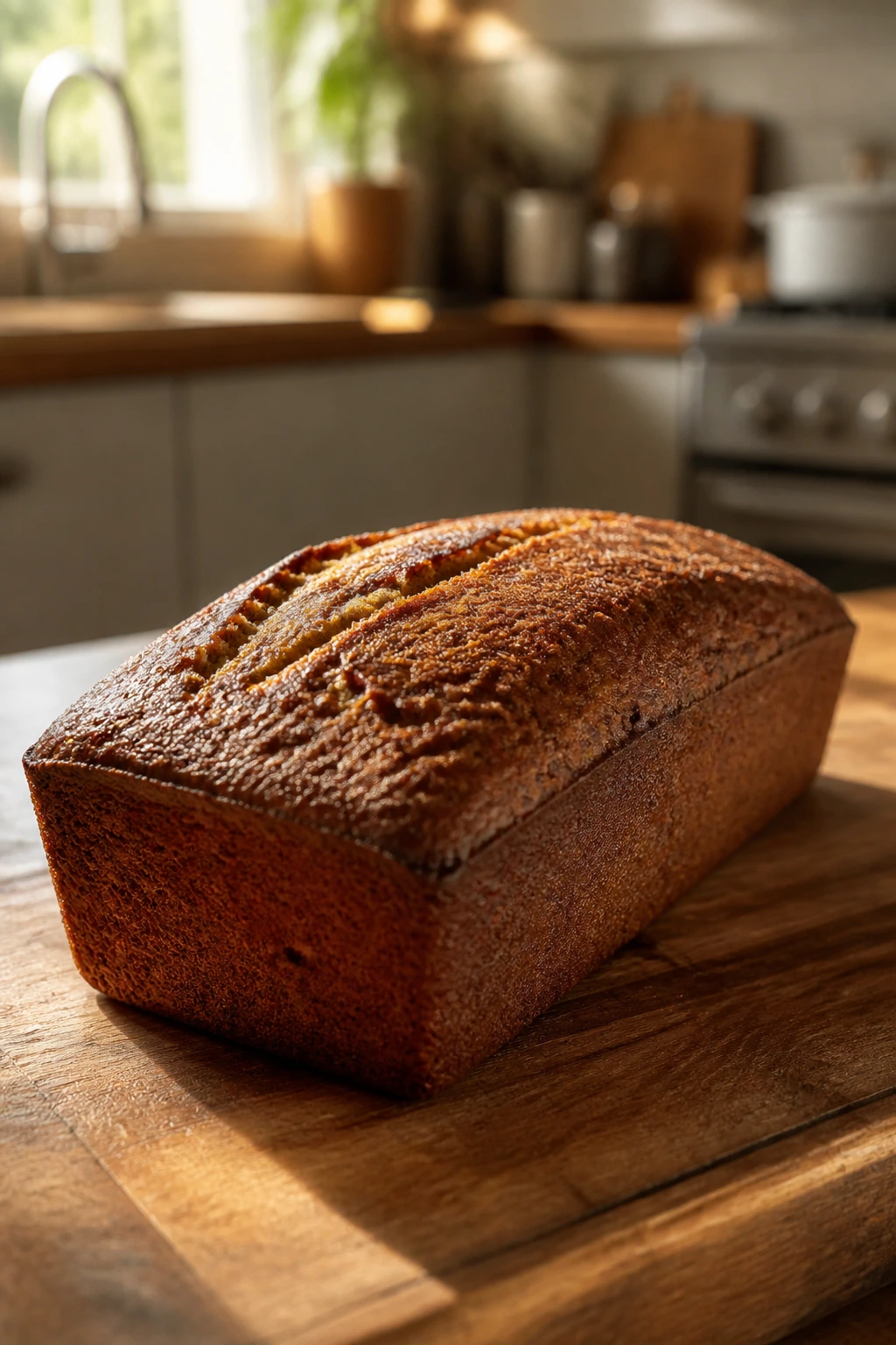Banana bread loaf on wooden surface in sunlit kitchen