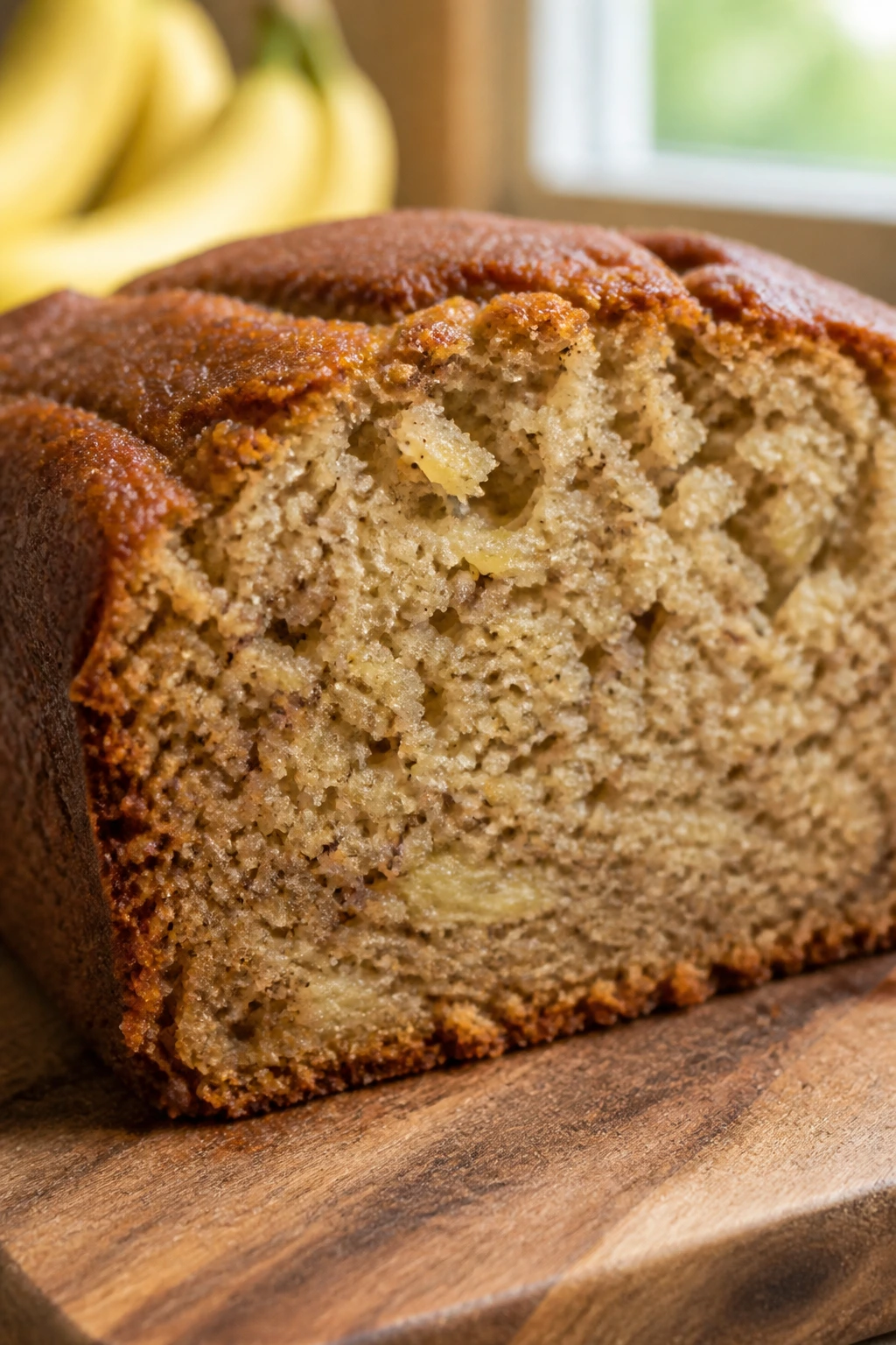 Is Banana Bread Good For You? 7 Health Benefits Of Banana Bread 1 Close-up of a thick banana bread slice on a wooden cutting board in warm kitchen light