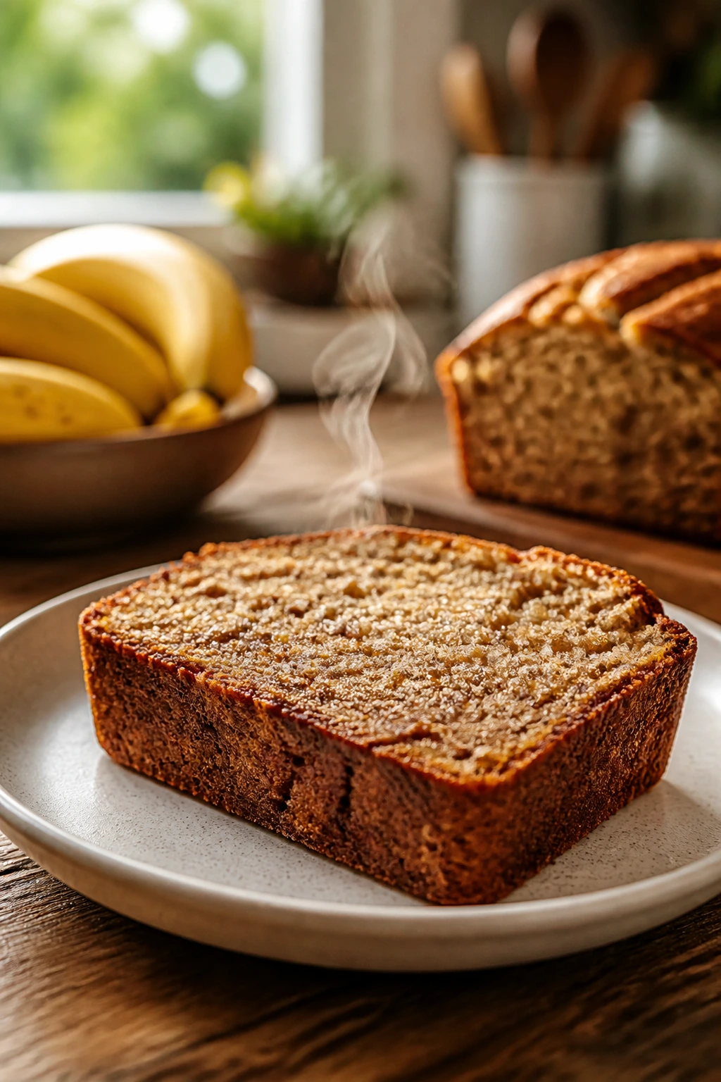 Warm banana bread slice on plate in cozy kitchen
