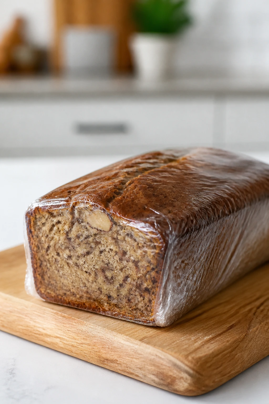 Banana bread wrapped for storage on wooden board