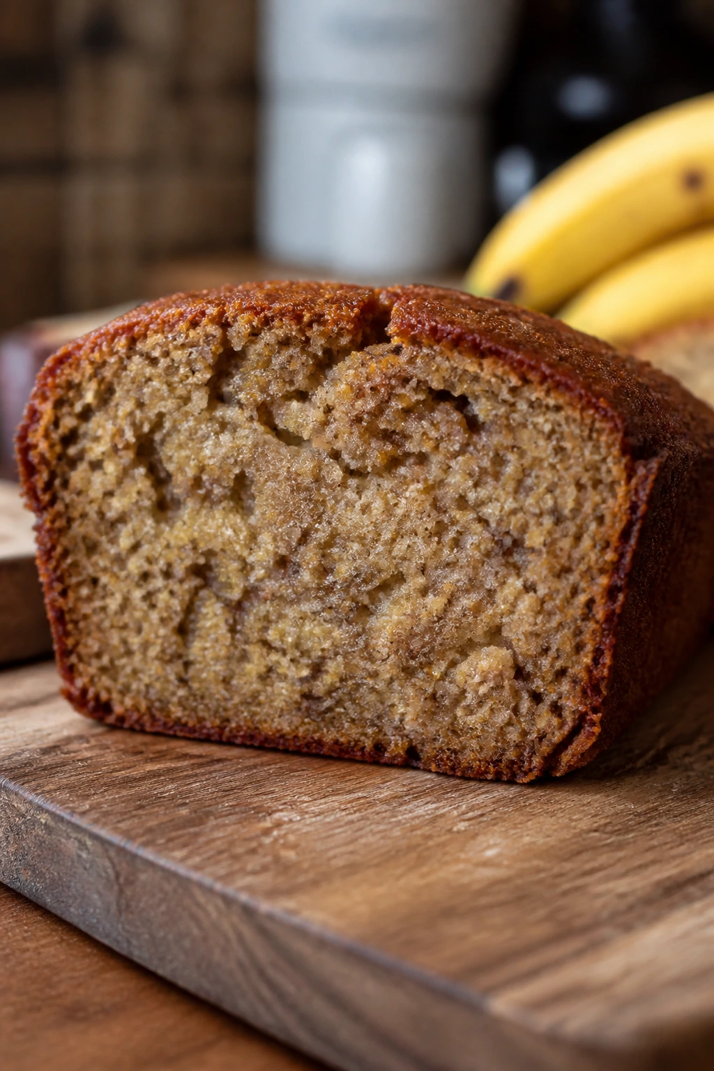 Dense, moist banana bread crumb close-up