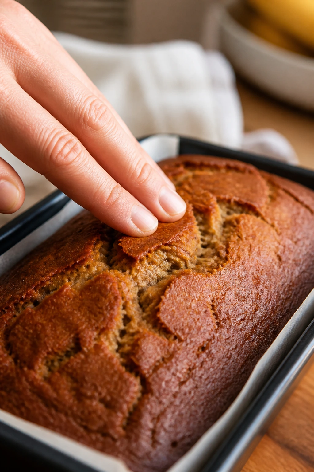 Banana bread top with cracks and firm texture