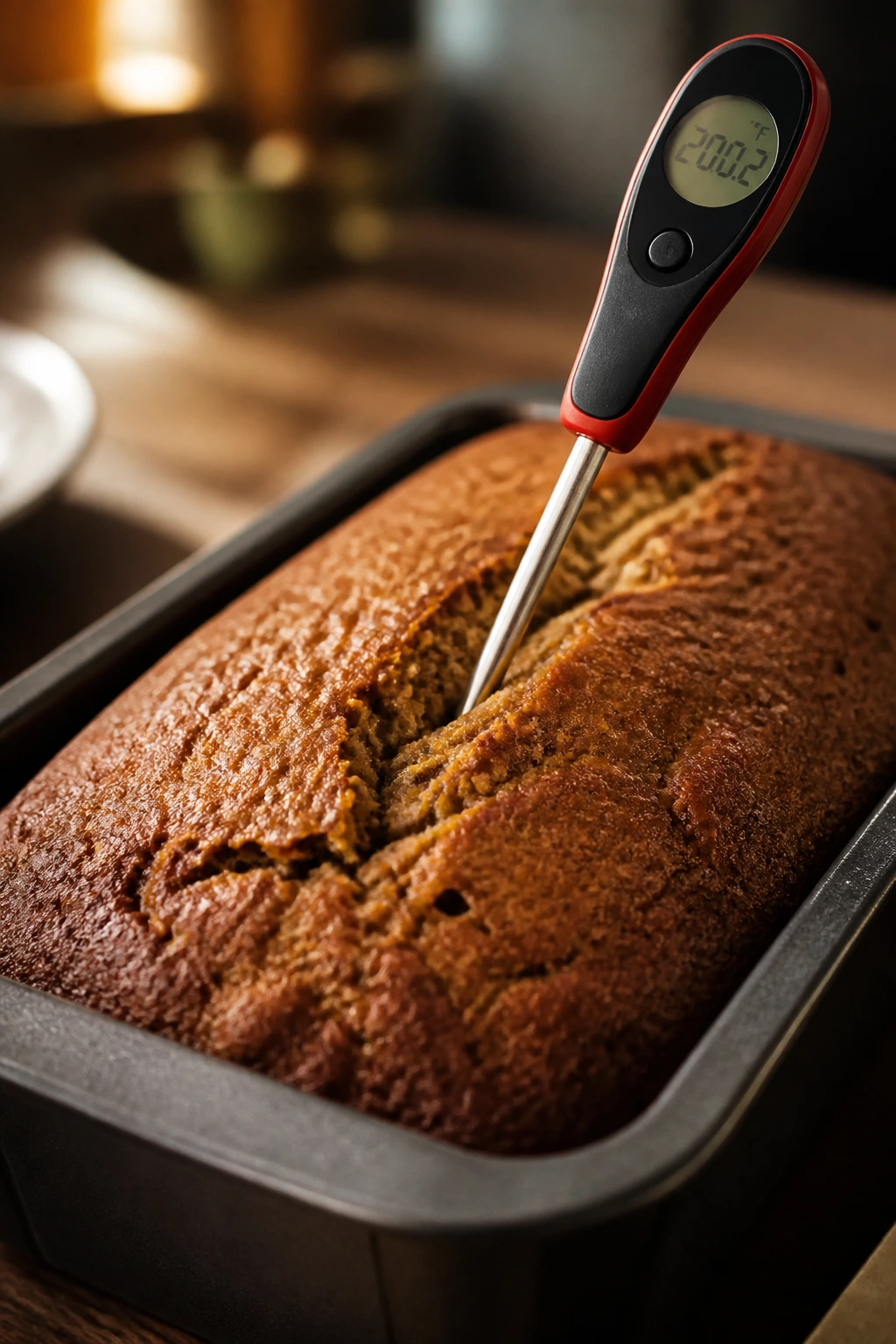Probe thermometer in banana bread center