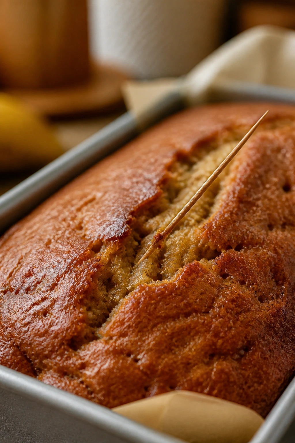 Toothpick inserted into banana bread center with crumbs