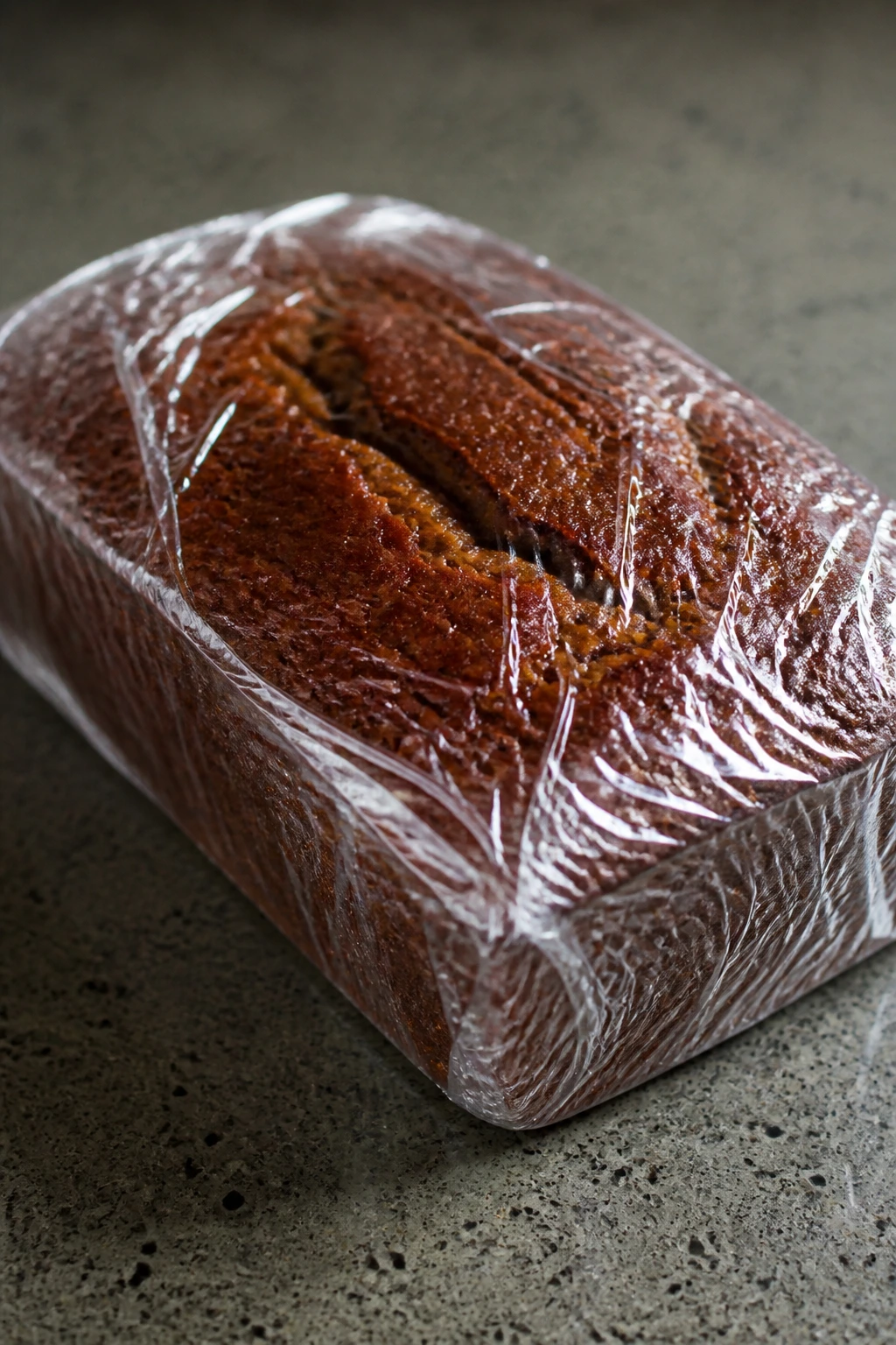 Wrapped banana bread loaf on counter