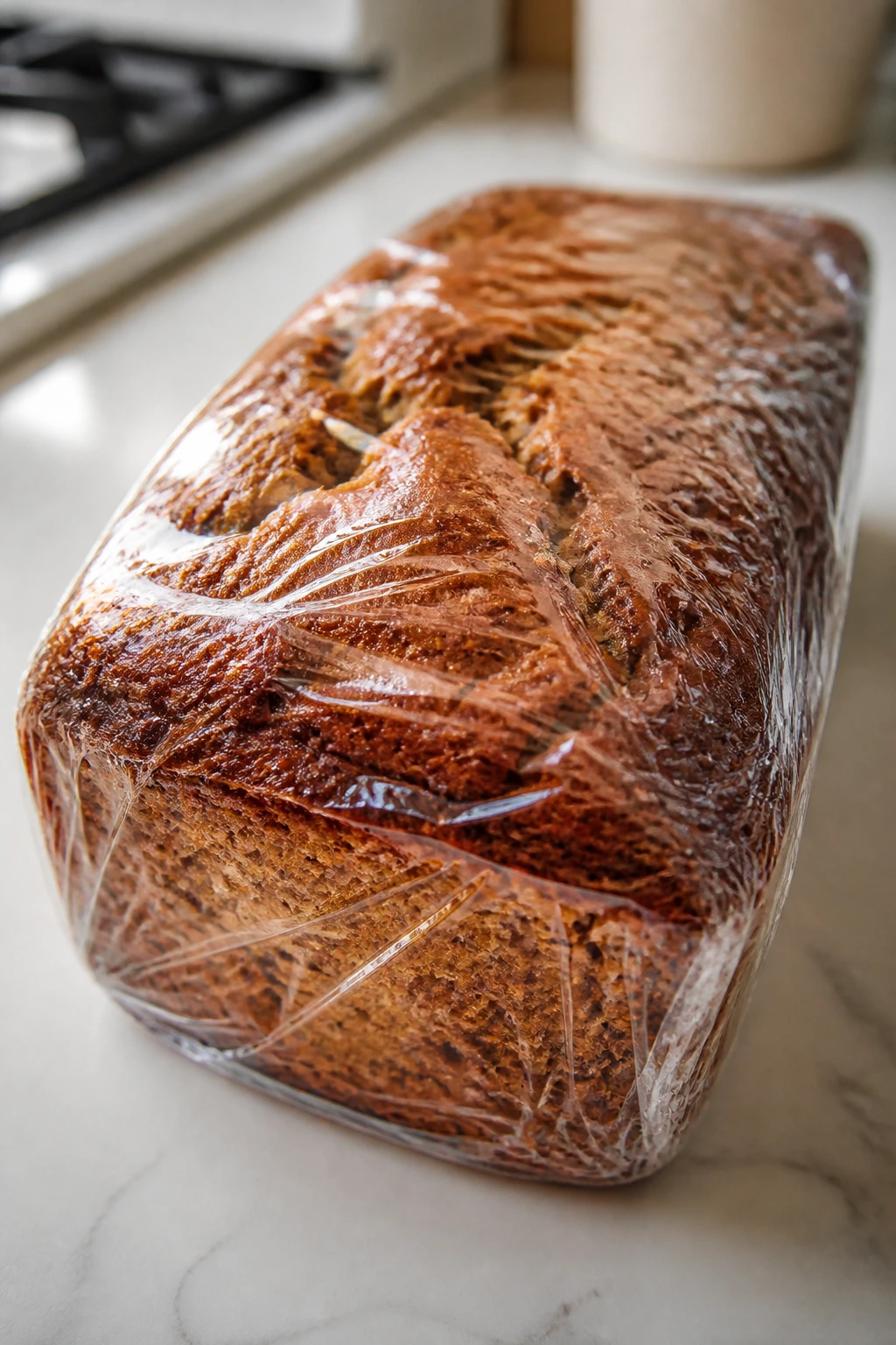 Wrapped banana bread loaf on counter