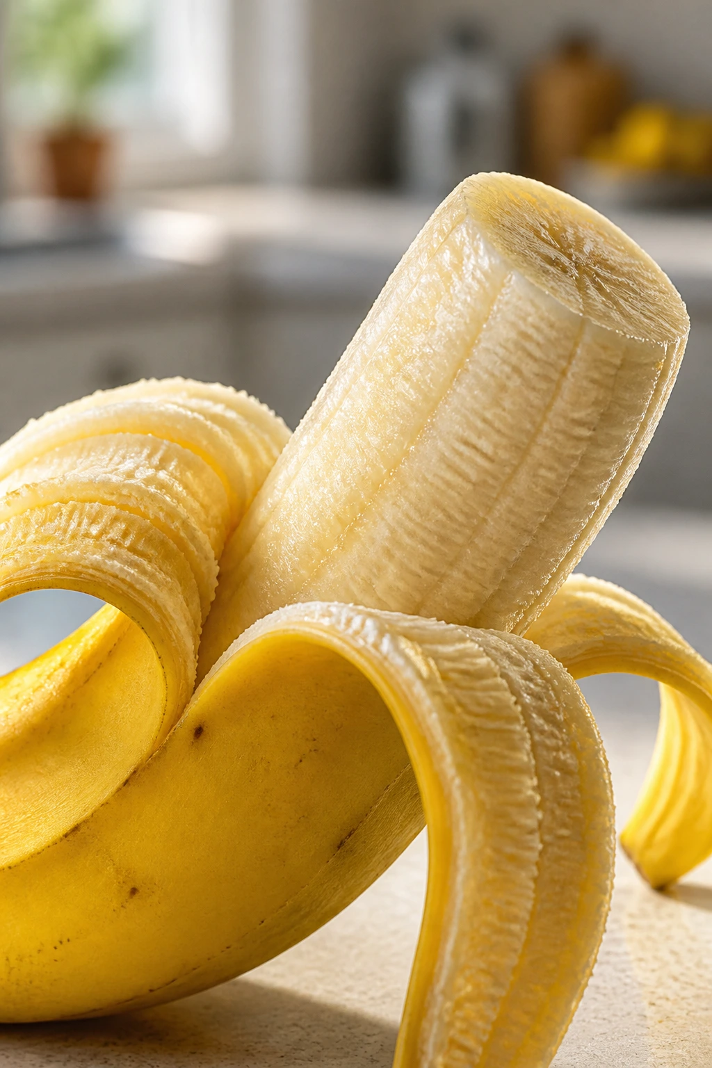 Close-up of a partially peeled banana on a bright kitchen counter with morning light
