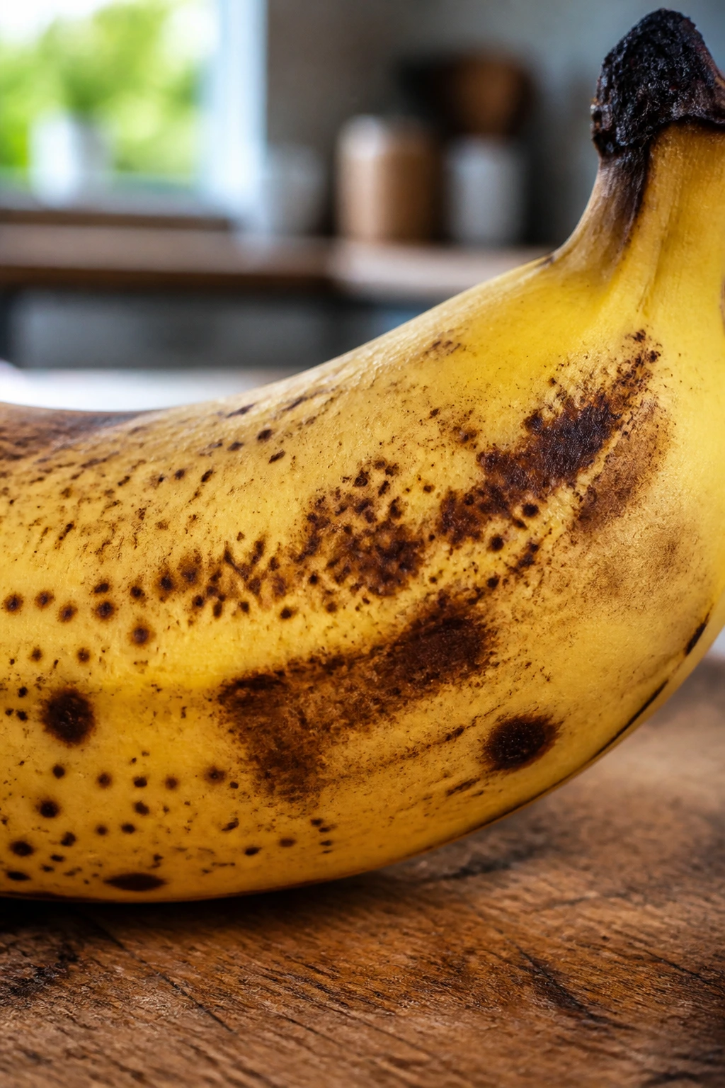 Close-up of a ripe banana with brown spots on its peel in a kitchen