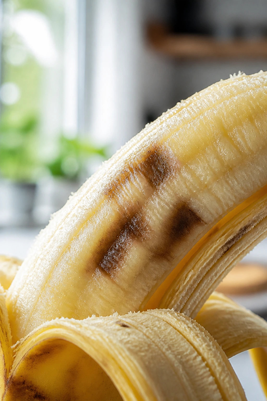 Is It Safe To Eat Bananas With Red Spots? Here are the Facts. 4 Peeled banana showing brown bruises under the skin in bright kitchen light