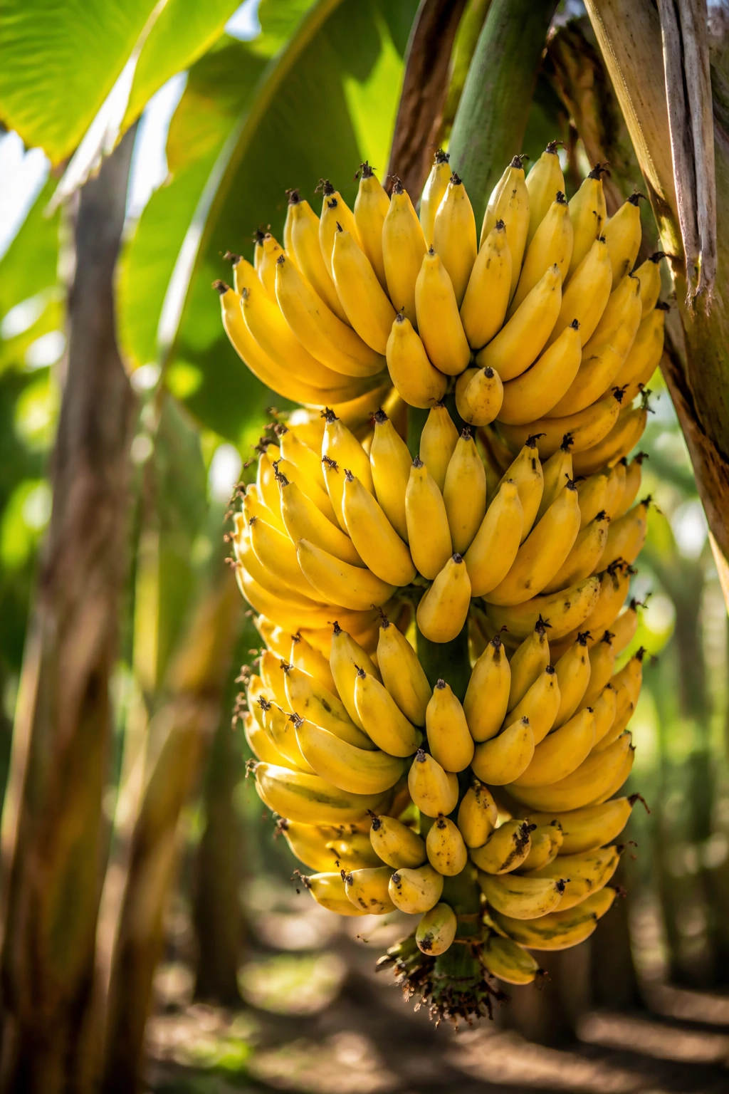 How Many Bananas And Bunches Does A Banana Tree Produce? 2 Close-up of a single ripe banana bunch on a stem in a tropical setting.
