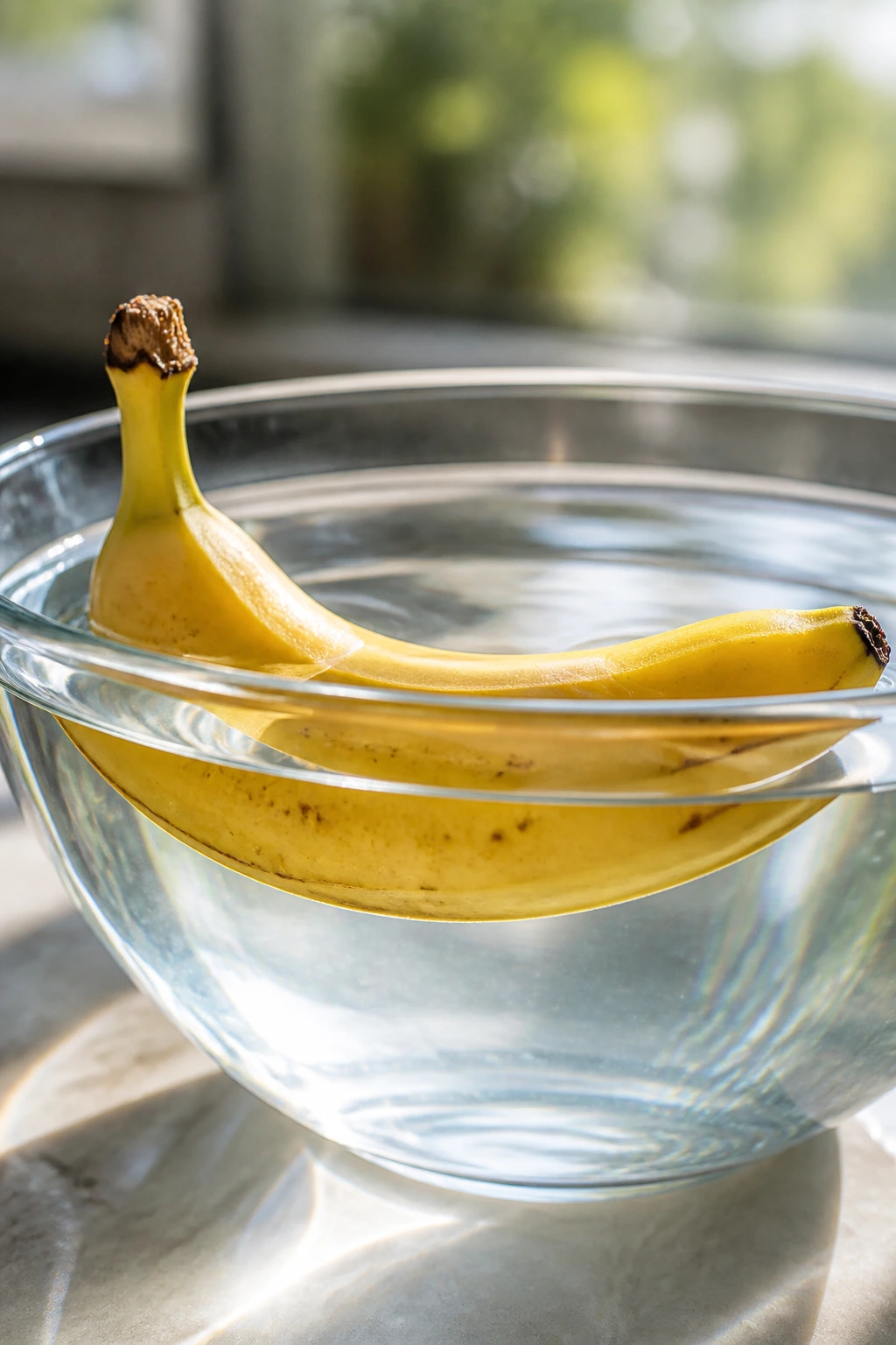Do Bananas Float In Water? Yes And Here's Why 3 Ripe banana floating in water inside a glass bowl, illustrating buoyancy.