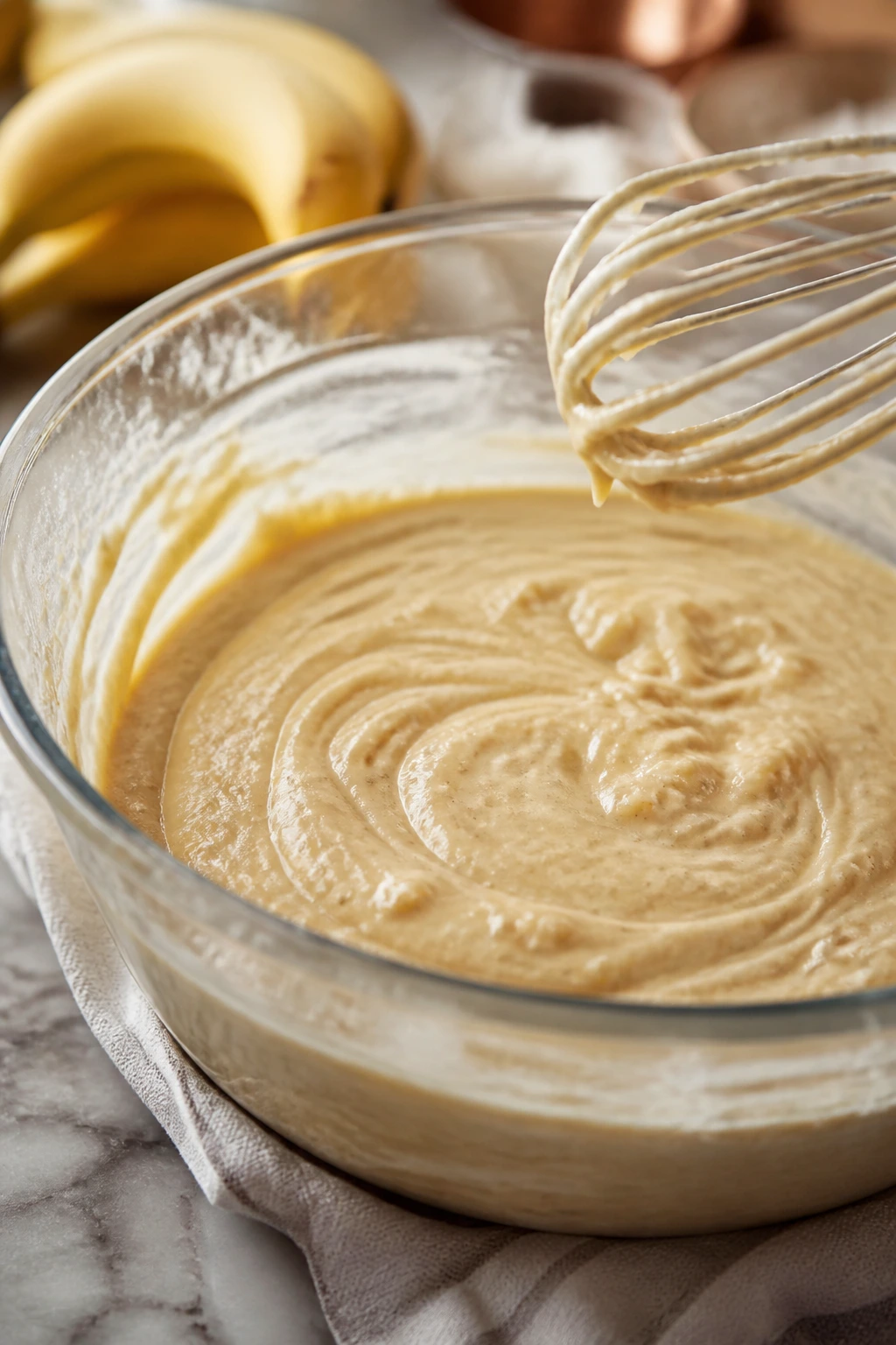Banana cake batter in mixing bowl