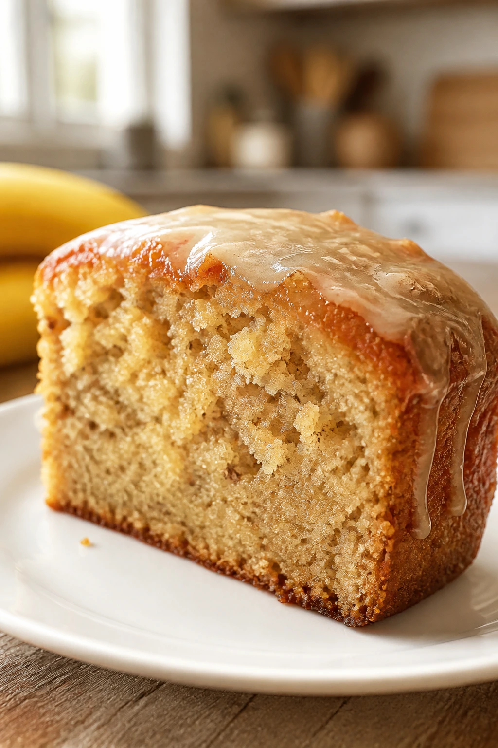 Banana cake slice with moist crumb close-up