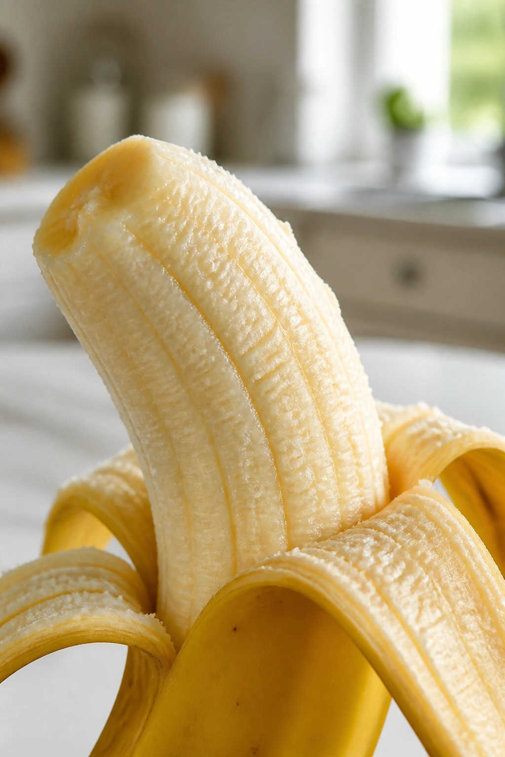Close-up of a peeled banana showing yellow flesh