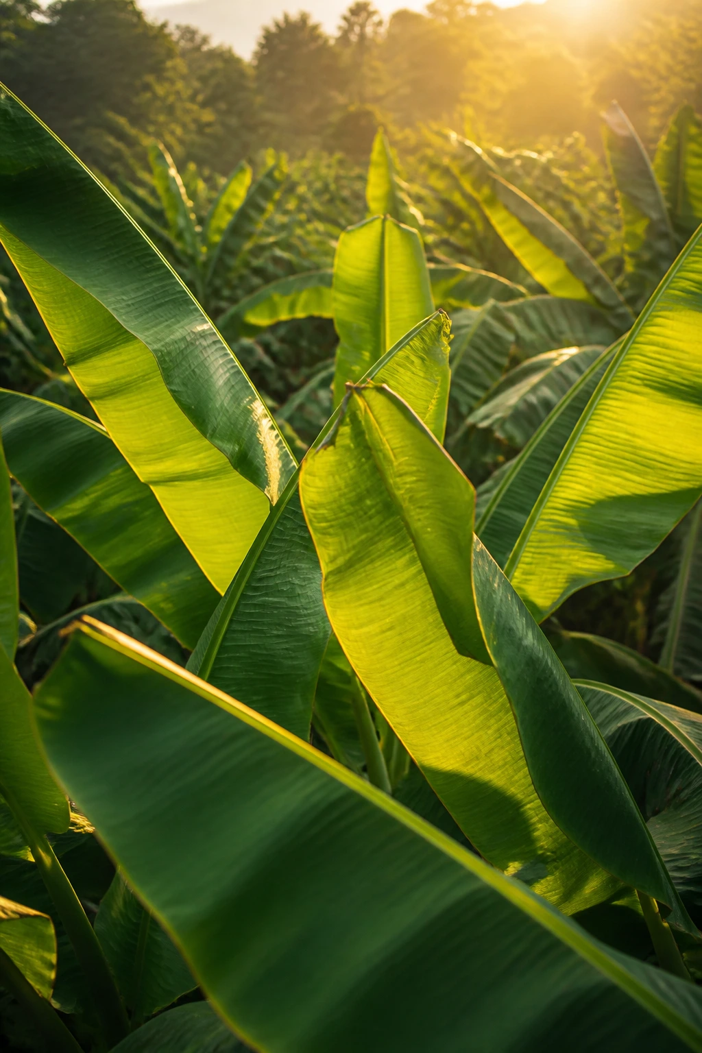Do Banana Trees Die After Fruiting? Debunking the Myth 4 Lush banana canopy in a plantation during golden hour