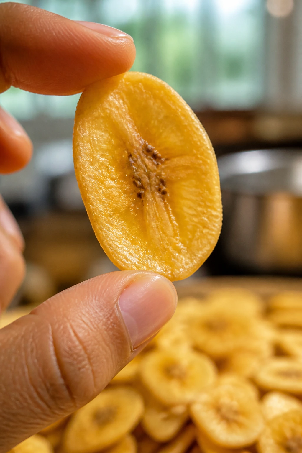 How to Make Banana Chips Commercially: A Complete Guide 6 Banana chip held by fingertips for quality check.