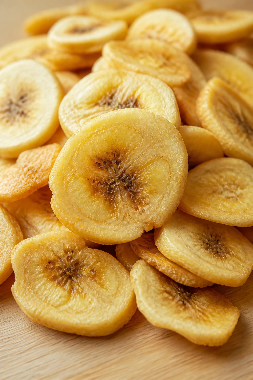 Close-up of banana chips on a light wood surface with diffuse light