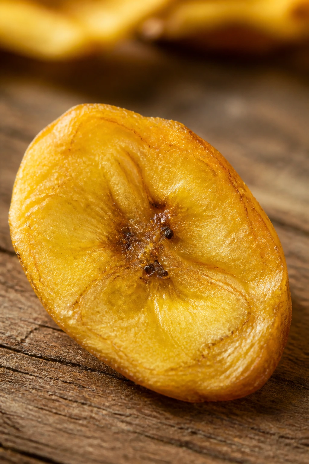 How to Make Banana Chips Commercially: A Complete Guide 8 Close-up of a single banana chip on wood