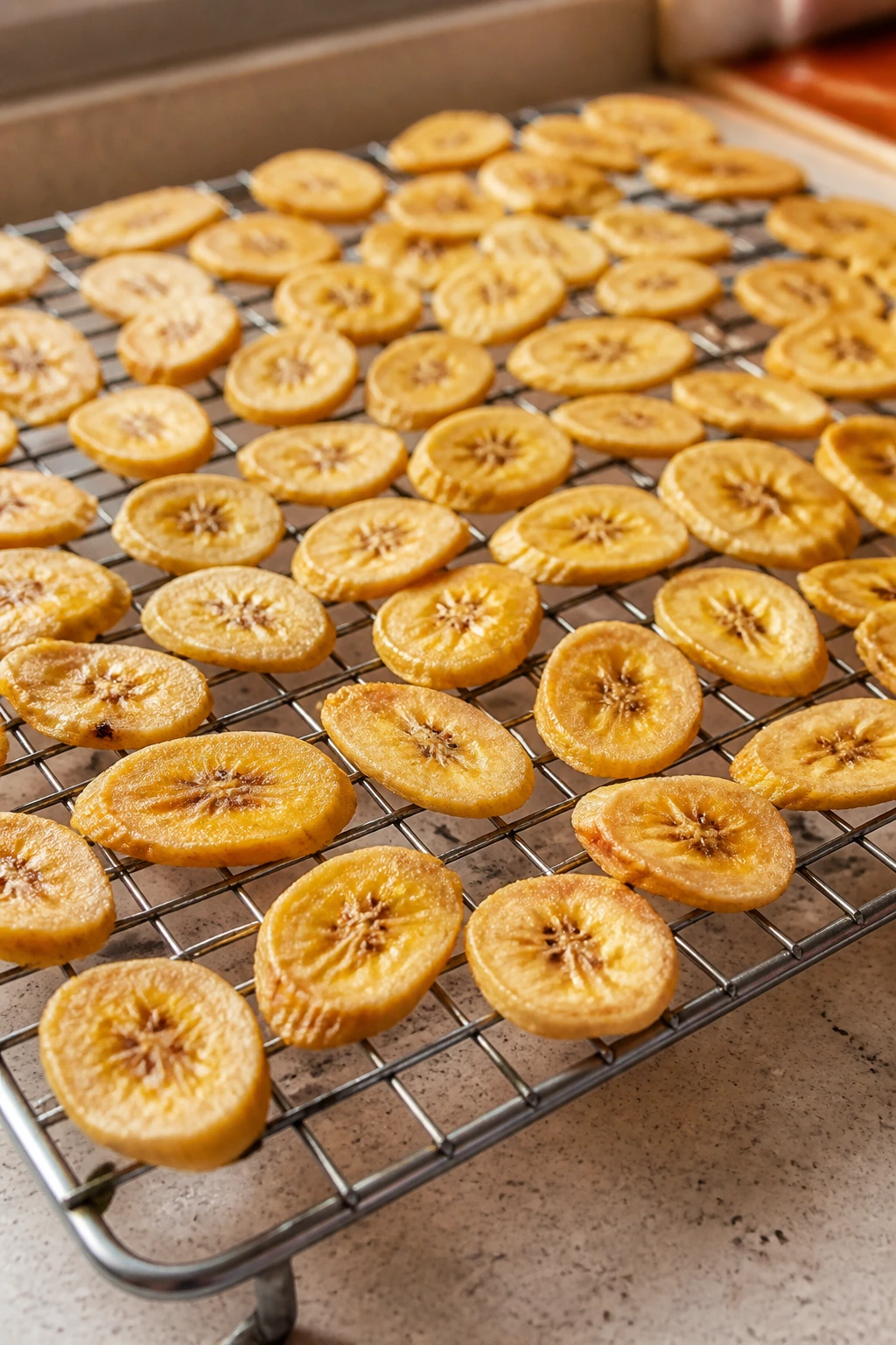 How to Make Banana Chips Commercially: A Complete Guide 5 Banana chips cooling on a wire rack in a bright kitchen.