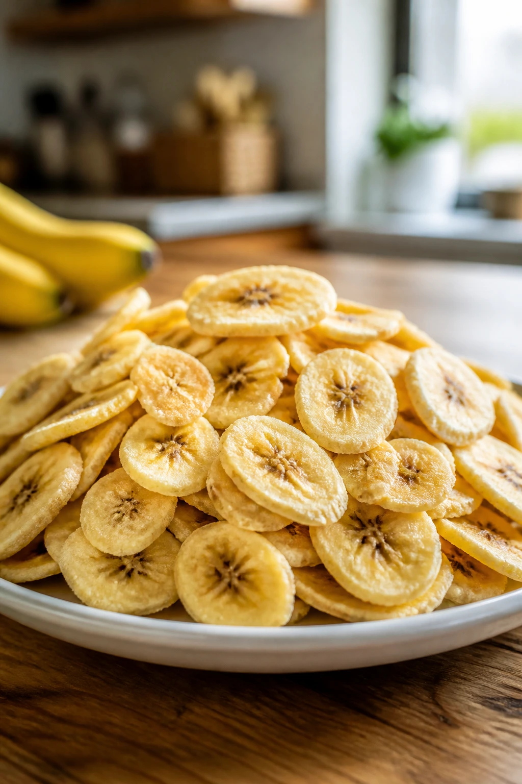Banana chips piled on ceramic plate in a cozy kitchen