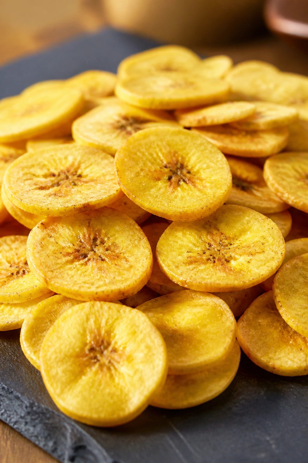 Bright pile of banana chips on a slate board