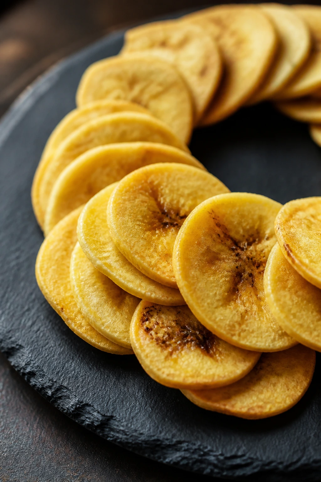 Curved arrangement of banana chips on a slate plate