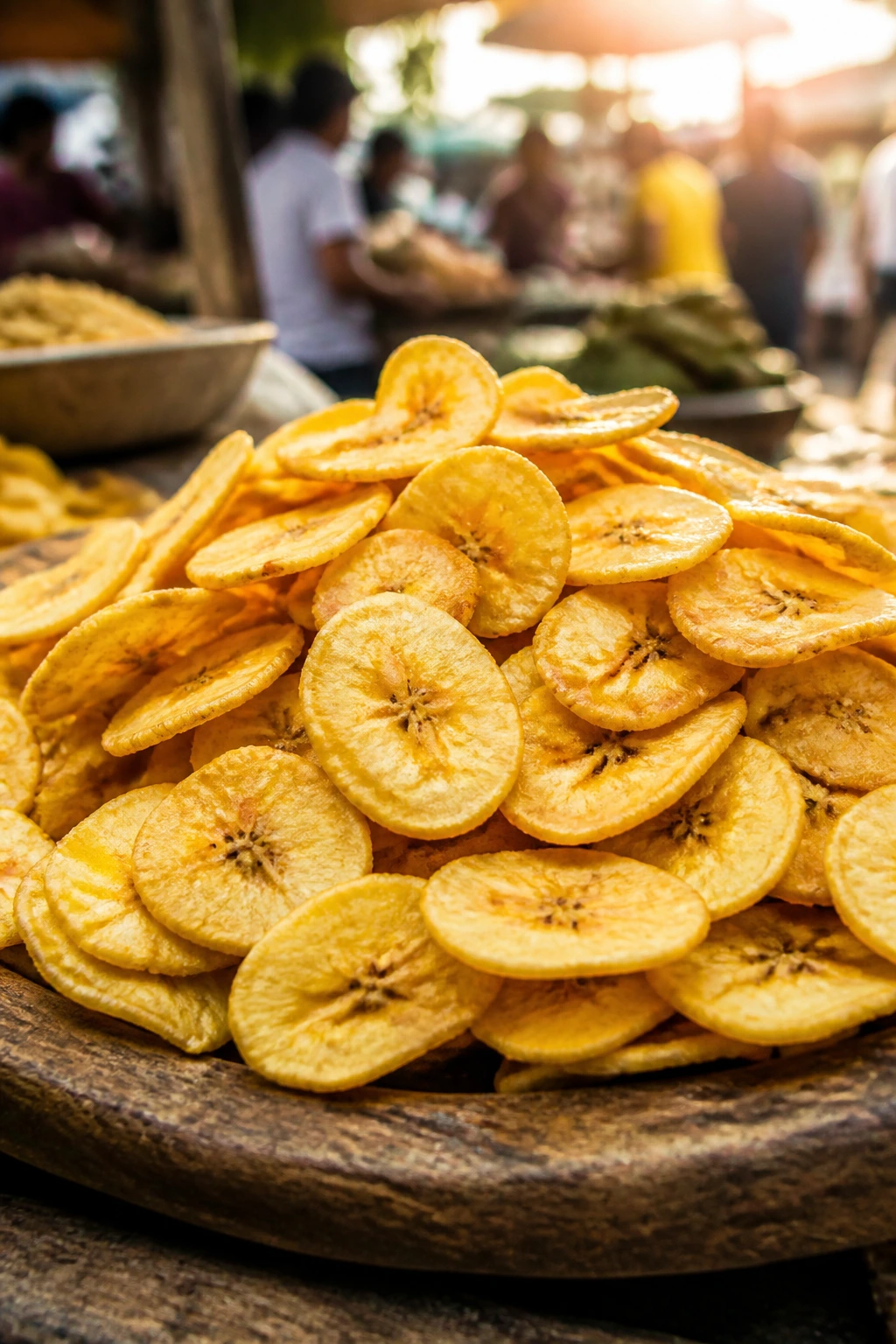 How to Make Banana Chips Commercially: A Complete Guide 7 Close-up of golden banana chips piled on wood at a market stall