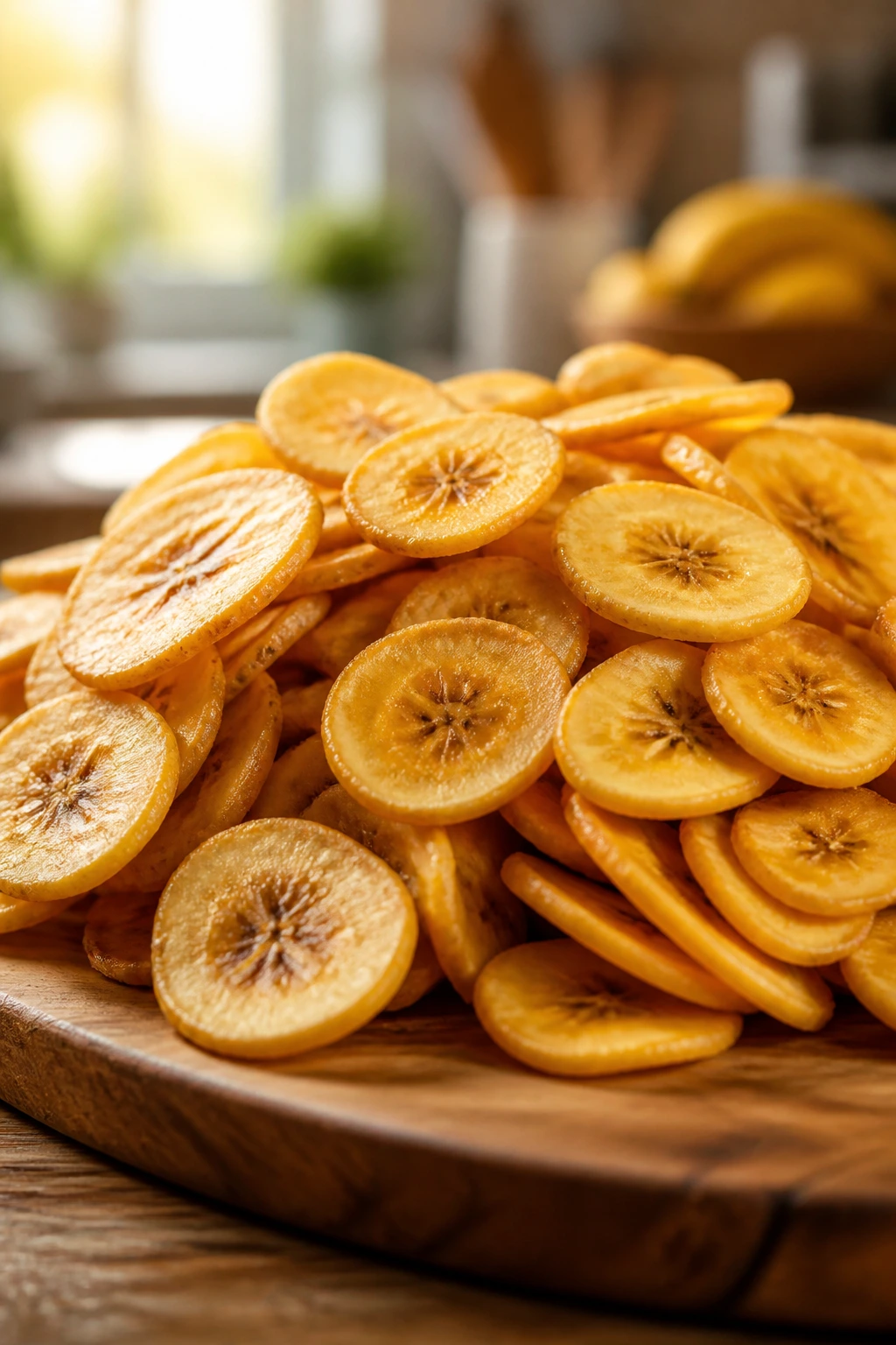 Close-up of nutrient-rich banana chips on a wooden cutting board in a sunlit kitchen