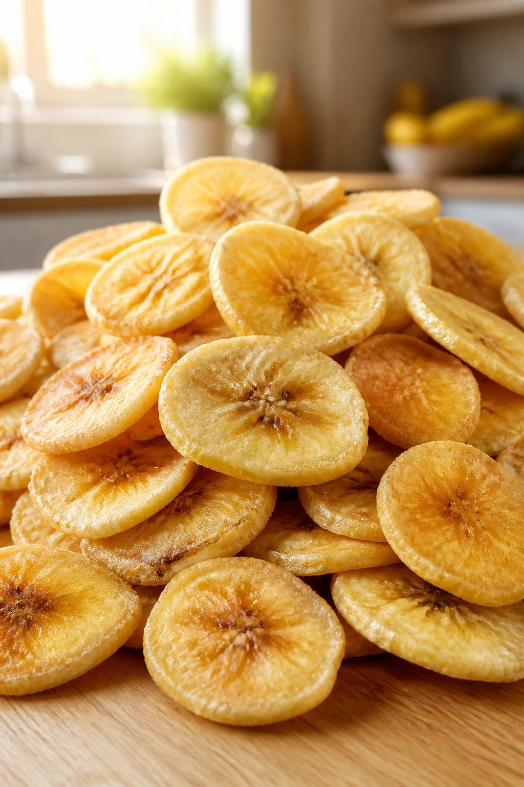 Banana chips piled on a wooden board in a bright kitchen