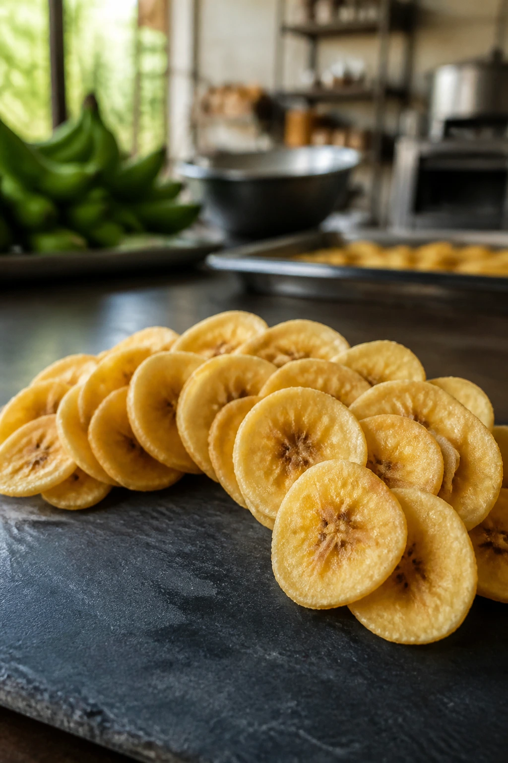 How to Make Banana Chips Commercially: A Complete Guide 9 Banana chips arranged in an arc on slate surface