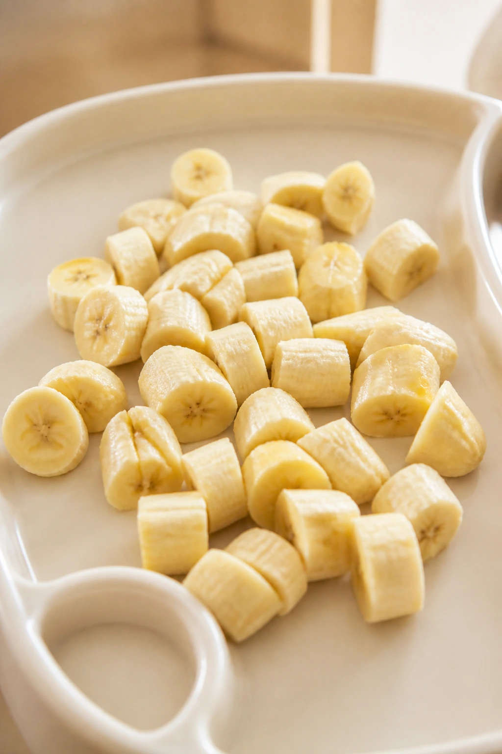 Banana pieces on a simple feeding tray for babies.