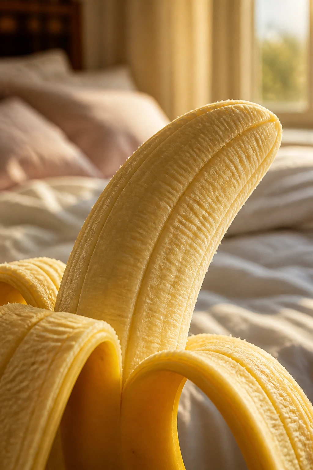 10 Surprising Benefits Of Bananas Sexually (Better In Bed) 1 Close-up of a ripe banana in a cozy bedroom with warm light