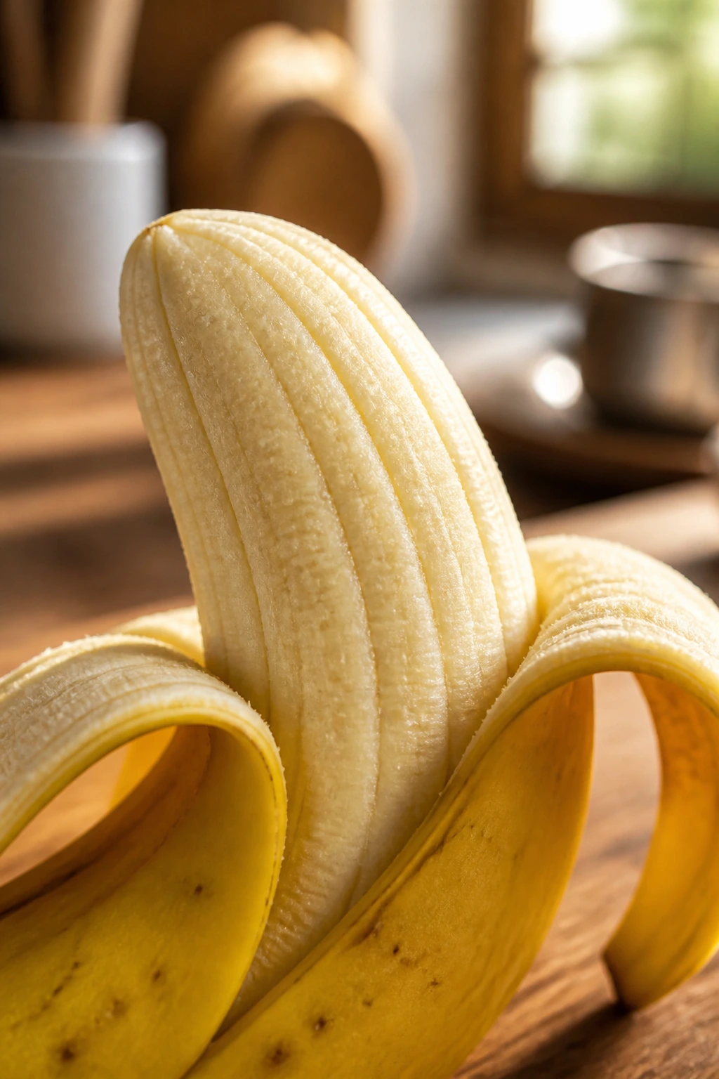 Are Bananas Good For Canker Sores? 2 Close-up of a peeled ripe banana filling the frame in a kitchen