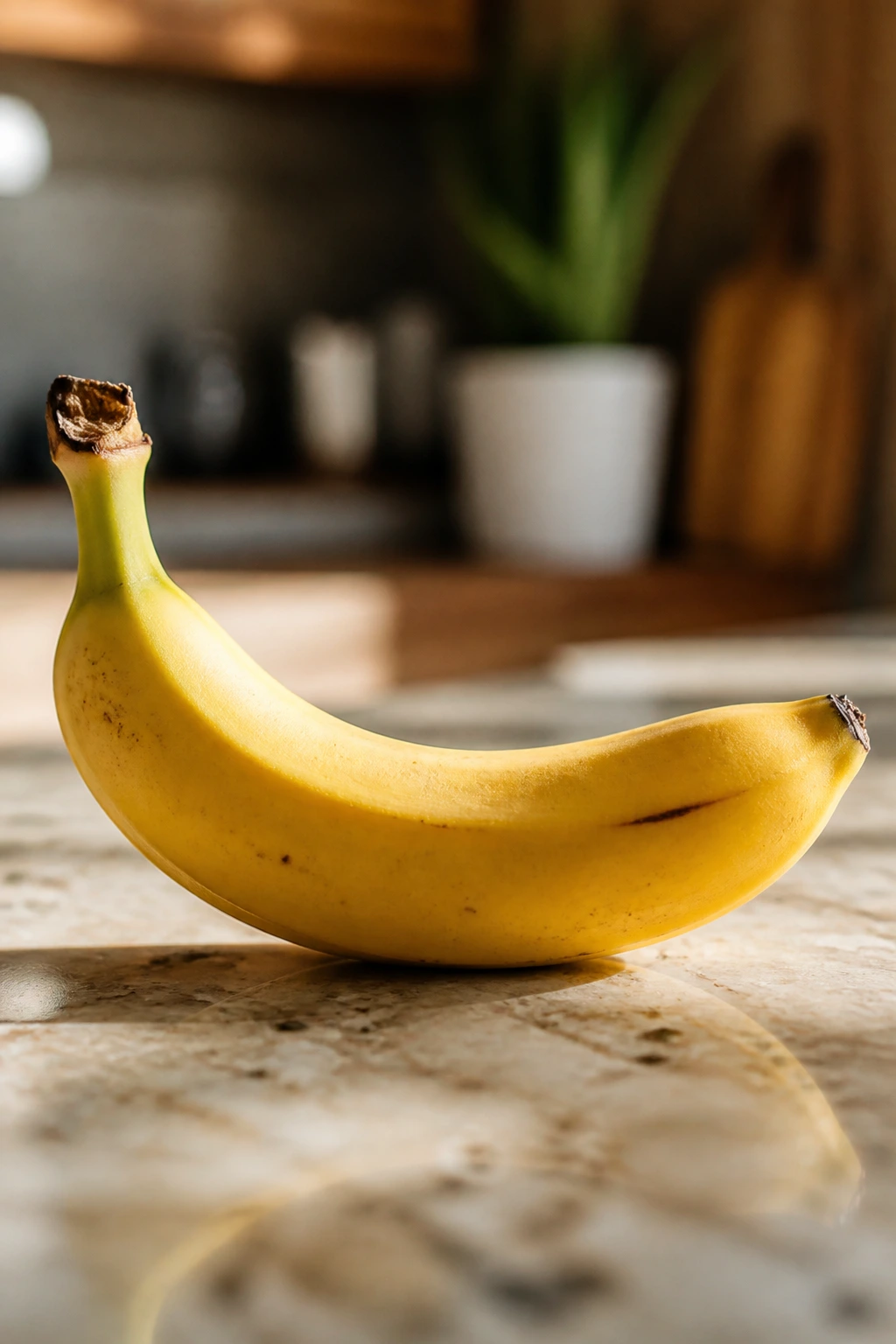 Close-up of a banana on a kitchen counter in warm light