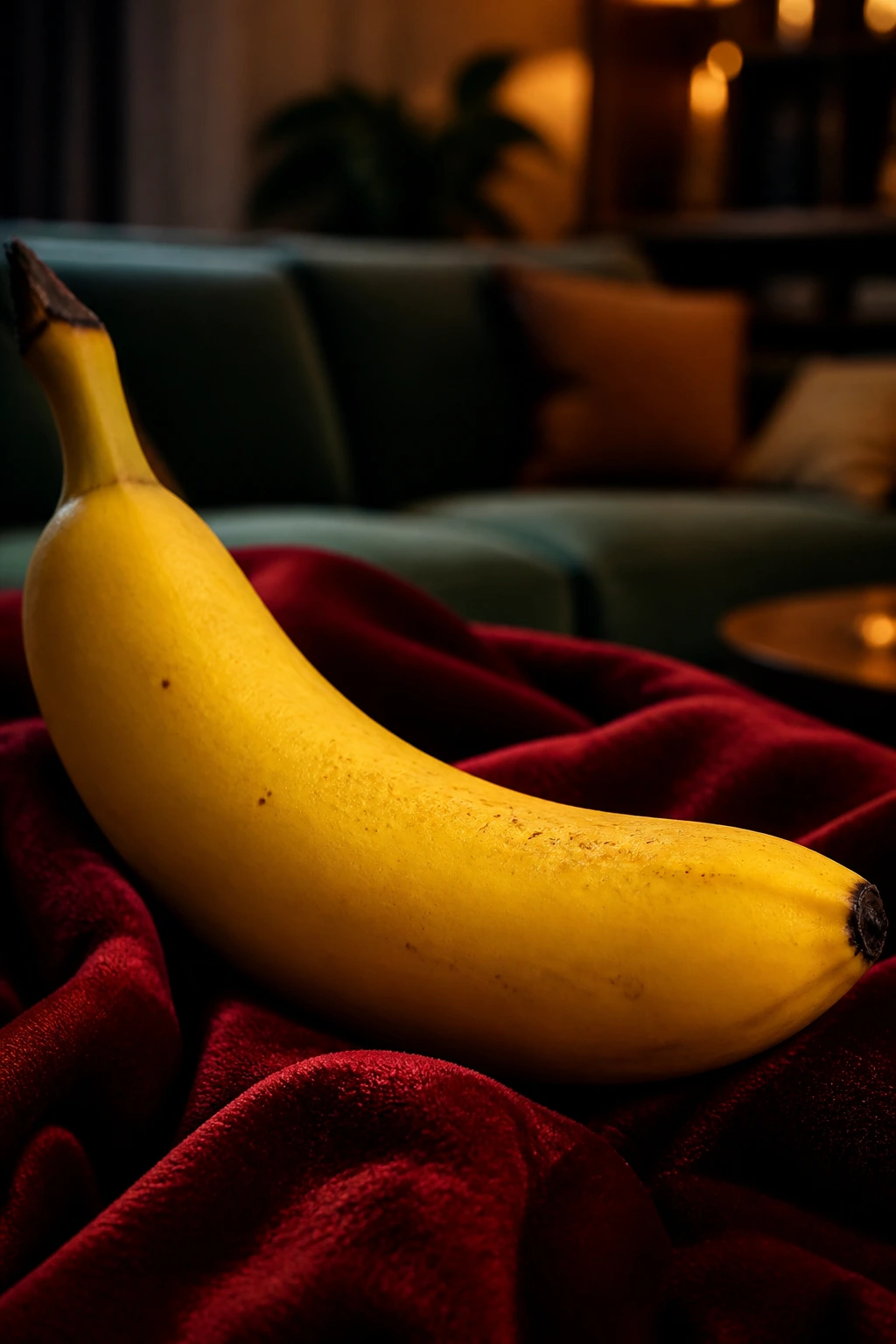 10 Surprising Benefits Of Bananas Sexually (Better In Bed) 3 Close-up of a banana on plush velvet with a cozy living room background
