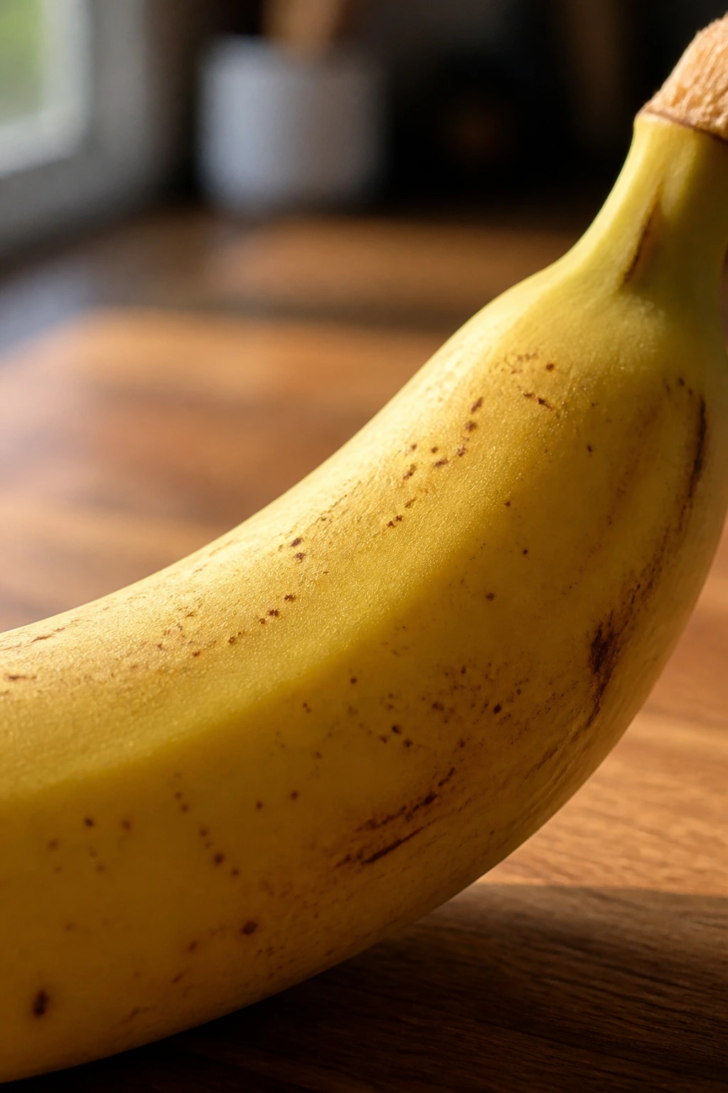 Close-up of a ripe banana on a kitchen counter in warm light