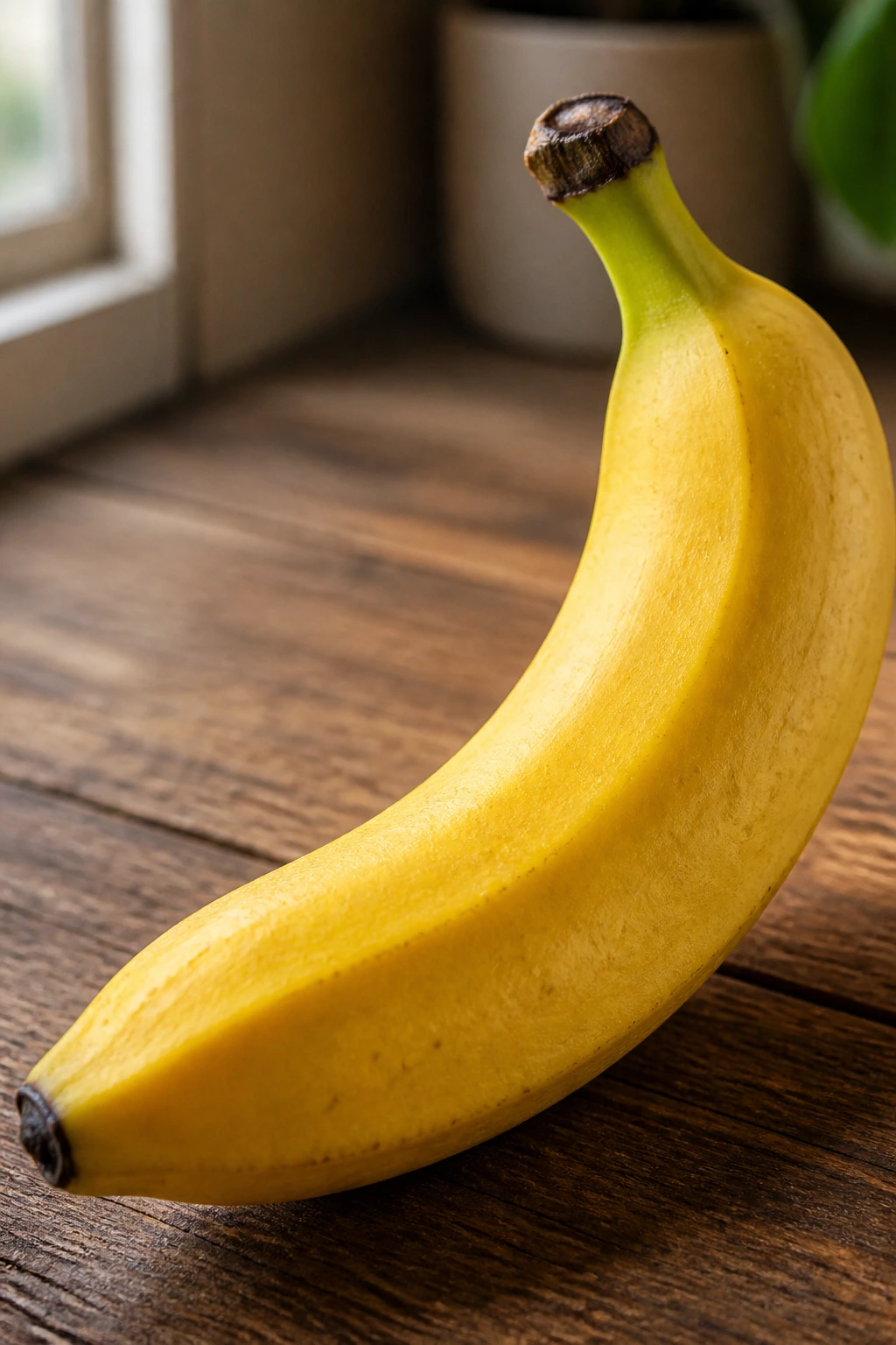 The Fiber in Banana vs Apple: Which Has More Fiber? 2 Close-up of a ripe banana filling the frame on a wooden counter
