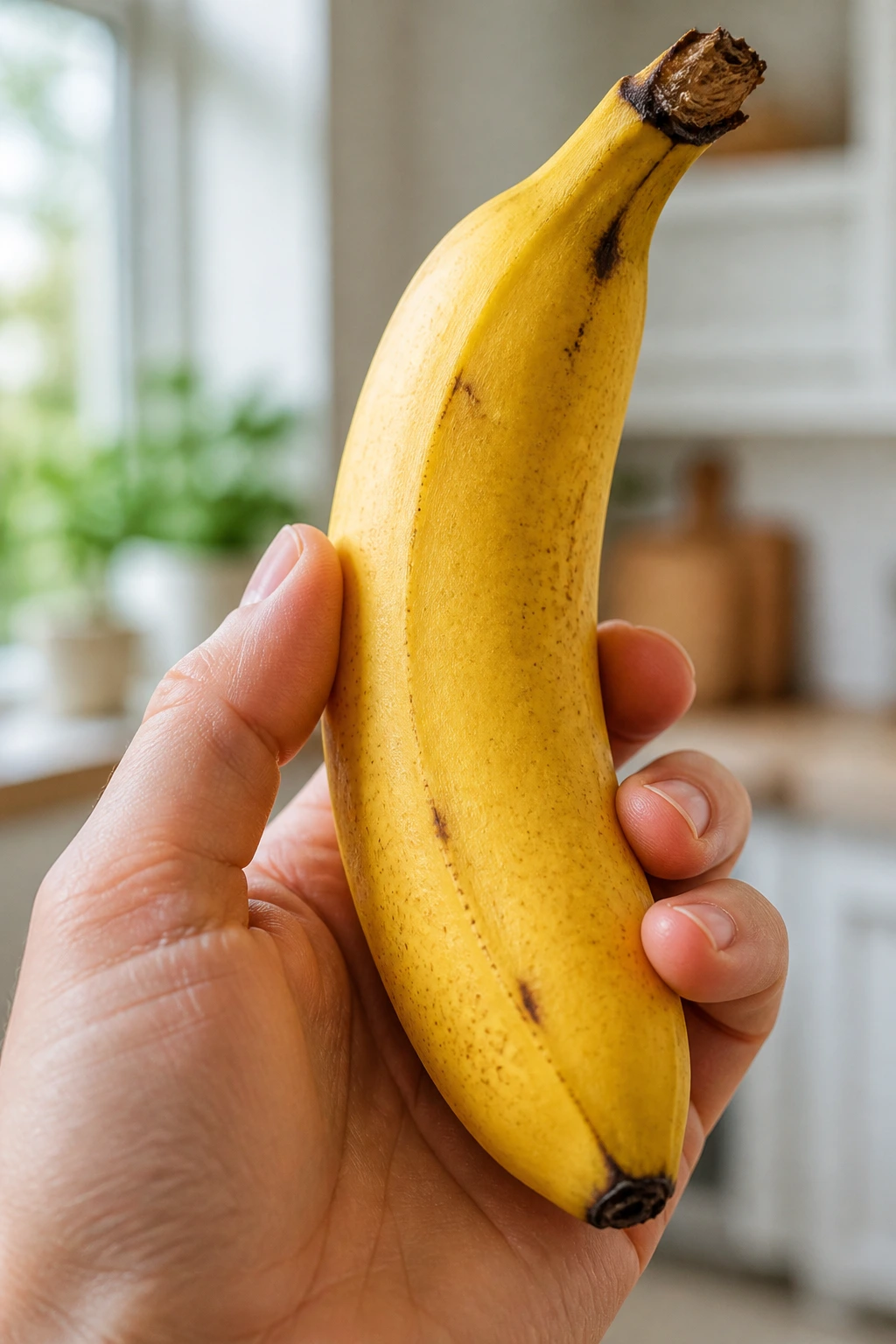 Are Bananas Good For Arthritis? Benefits, Effects & More 2 Close-up of a ripe banana held in a hand with a blurred kitchen background