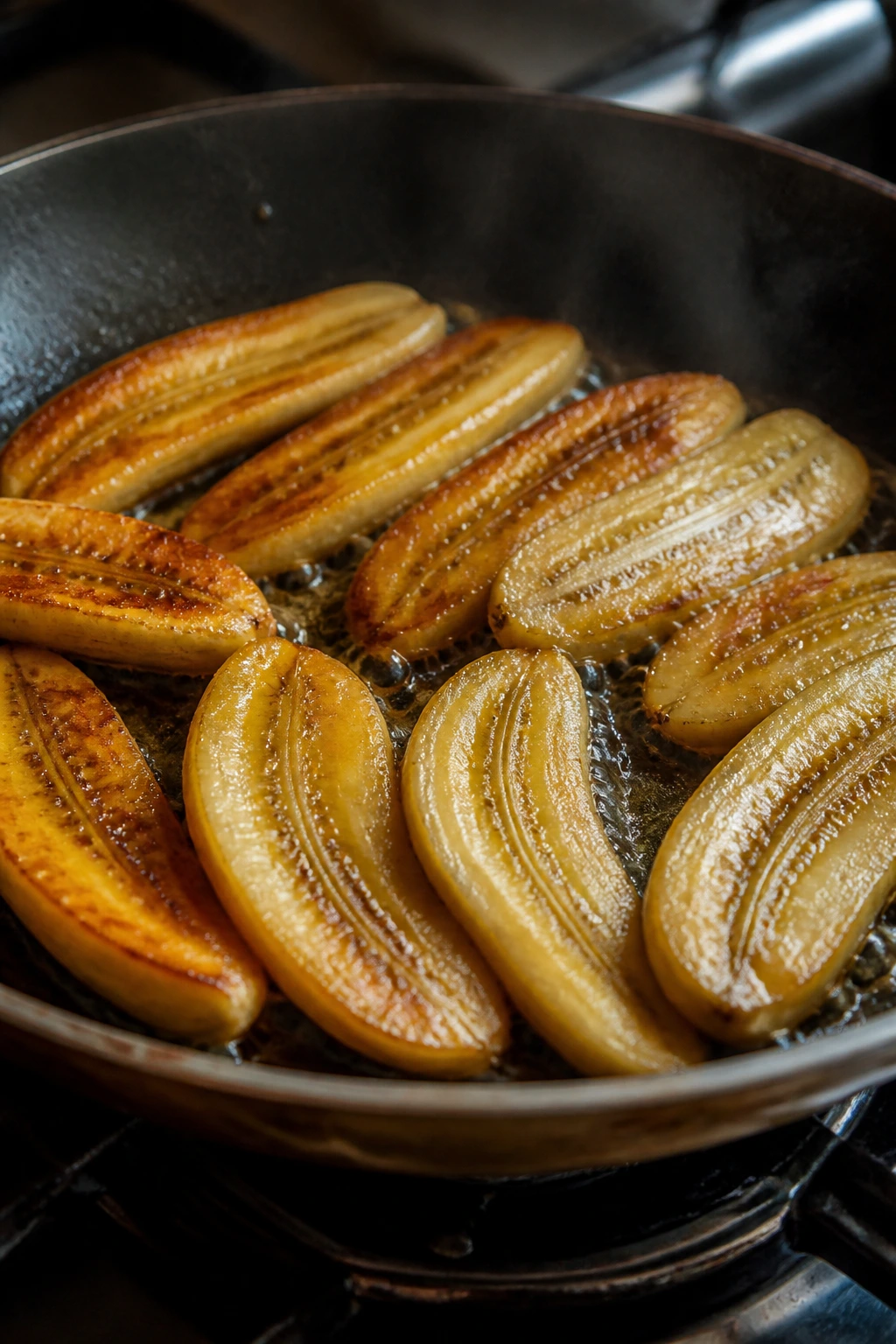 What Is The pH Of A Banana? Acidic Or Alkaline? 5 Sliced banana in a frying pan on a stove with steam.