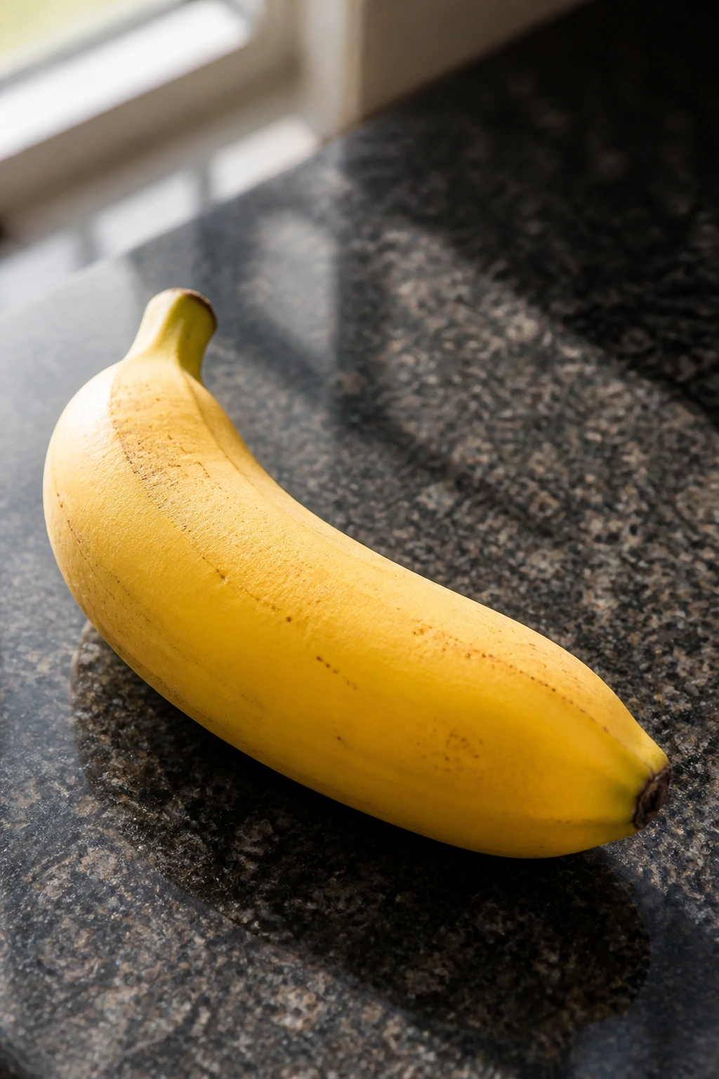 Banana on granite countertop under soft window light