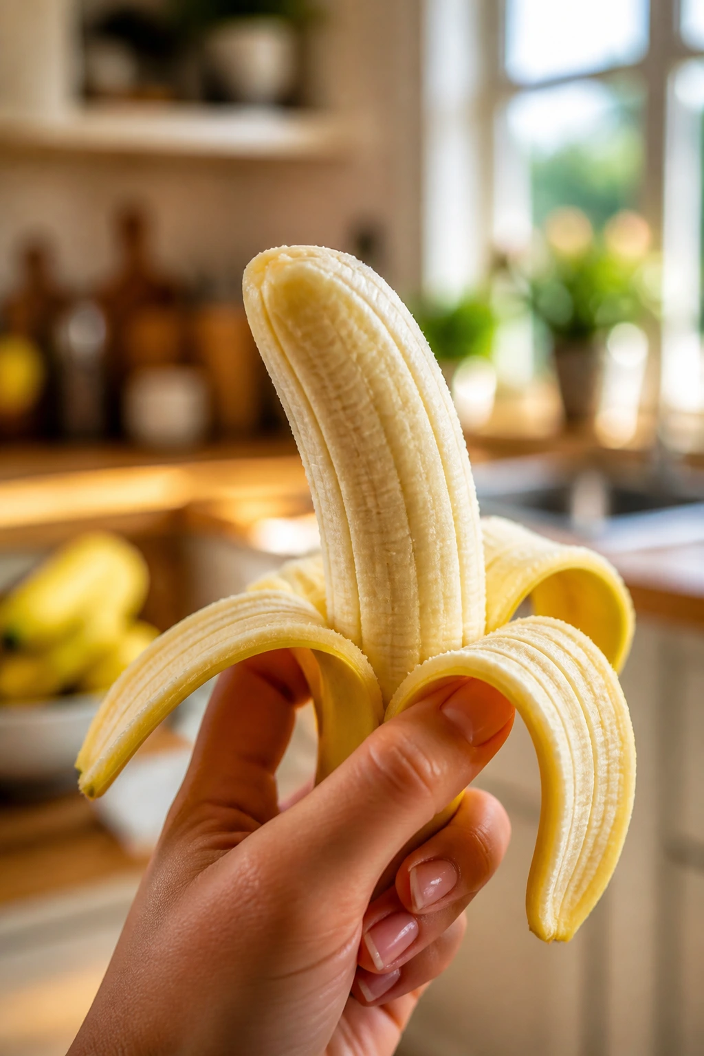 Peeled banana held by hand in a warm kitchen setting