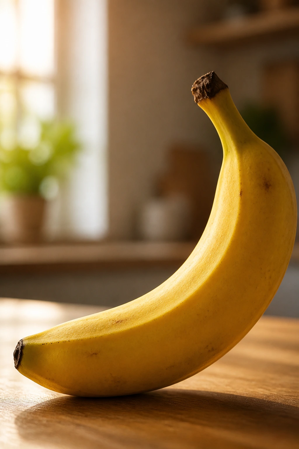 Close-up of a single curved banana on a kitchen counter emphasizing botanical curvature.