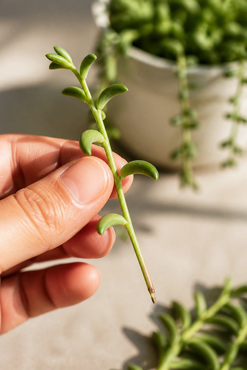 Close-up of a string of bananas cutting with a bare end and leaf sets, ready for rooting