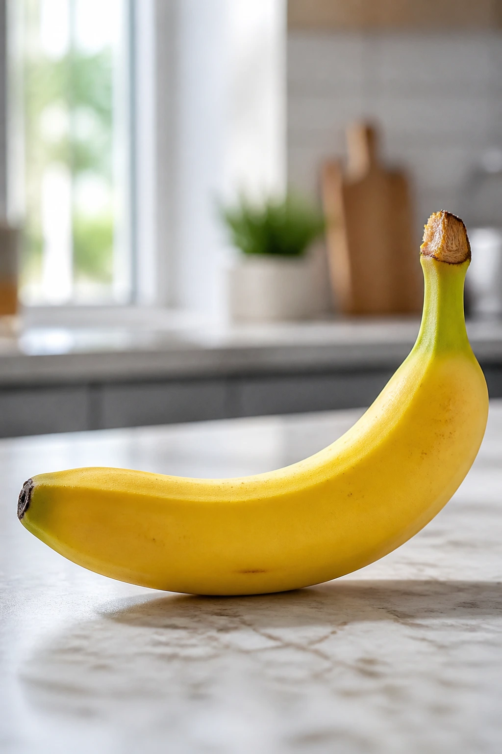 Ripe banana on kitchen counter under natural light.
