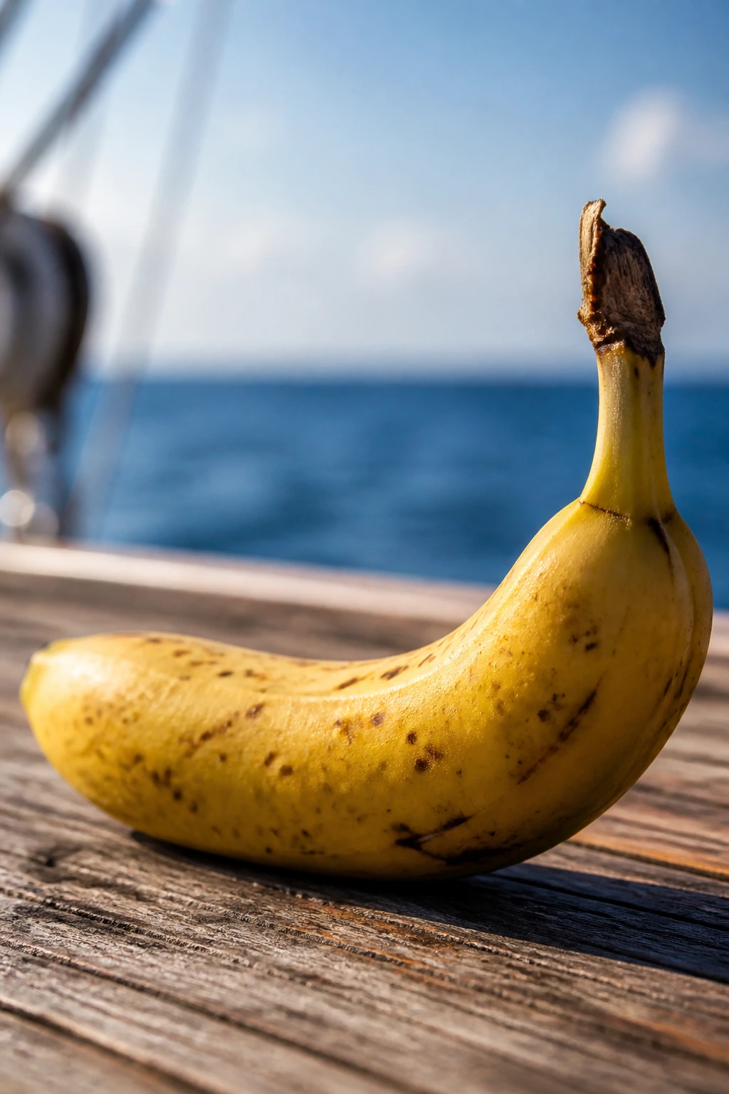 Sailing Folklore: Are Bananas Bad Luck On A Boat? 2 Close-up of a banana on a wooden deck with sea horizon in the background