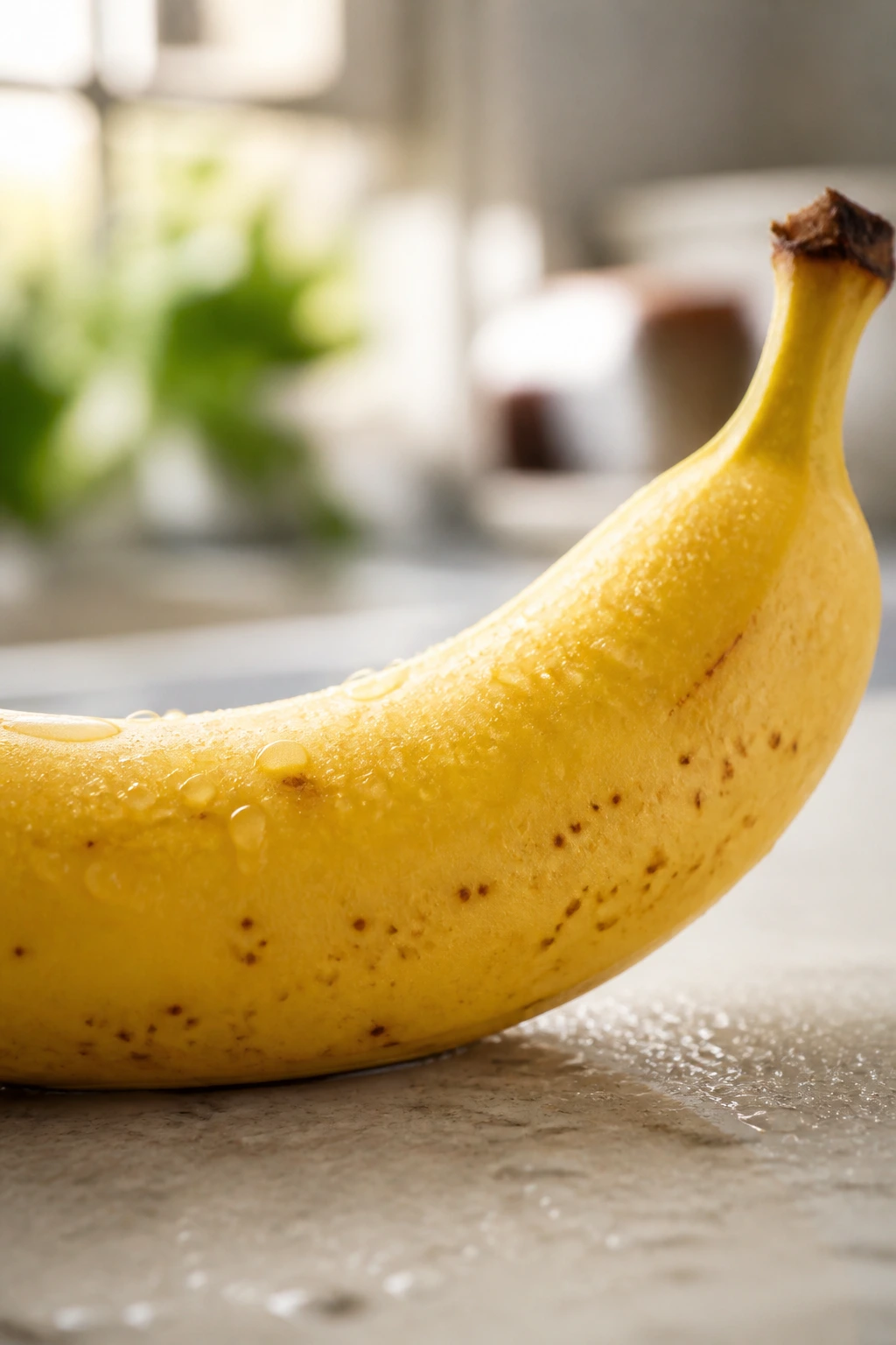 Close-up of a dewy ripe banana on a clean kitchen surface.
